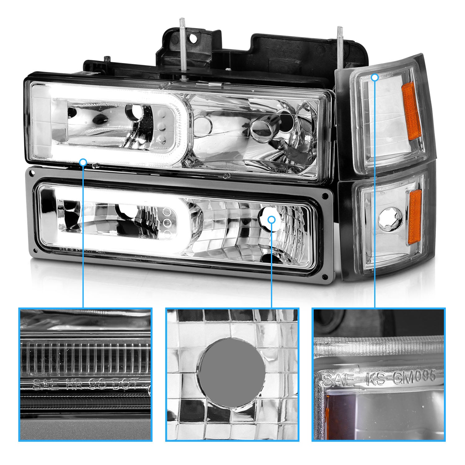 CHEVY CK / C10 /SILVERADO/ TAHOE / SUBURBAN/BLAZER 94-98 HEADLIGHTS  W/ SIGNAL & SIDE MARKERS (8PCS) SET CHROME HOUSING CLEAR LENS W/ C LIGHT BAR
