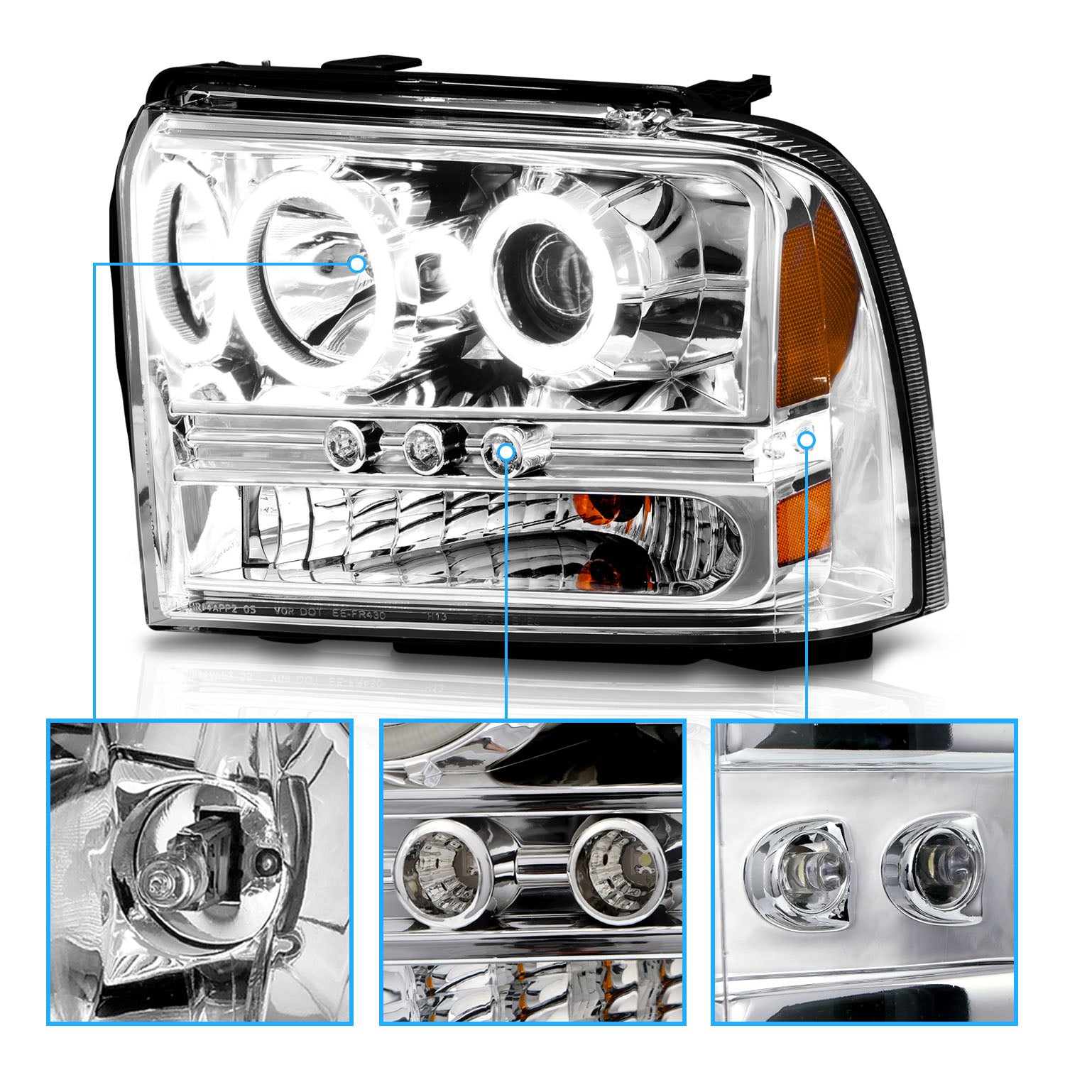 FORD F-250/350/450/550 SUPERDUTY 05-07/EXCURSION 2005 PROJECTOR HEADLIGHTS CHROME CLEAR W/ LED STRIP (SMD LED) 1PC
