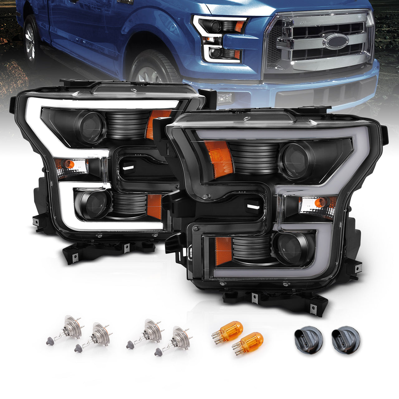 FORD F-150 15-17 PROJECTOR LIGHT BAR STYLE HEADLIGHTS BLACK CLEAR AMBER