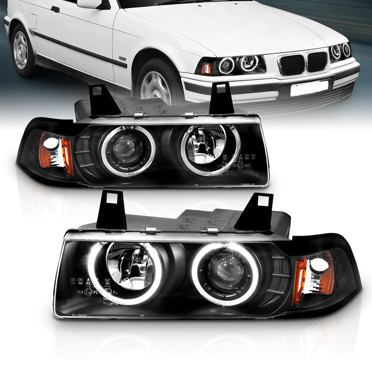 BMW 3 SERIES E36 92-98 2DR 1PC PROJECTOR HEADLIGHTS G2 HALO BLACK CLEAR AMBER