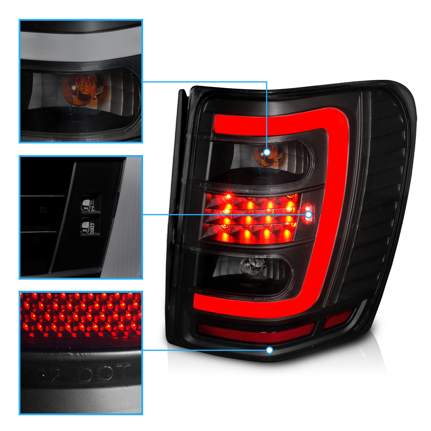 JEEP GRAND CHEROKEE 99-04 LED TAIL LIGHTS BLACK HOUSING SMOKE LENS W/ C LIGHT BAR