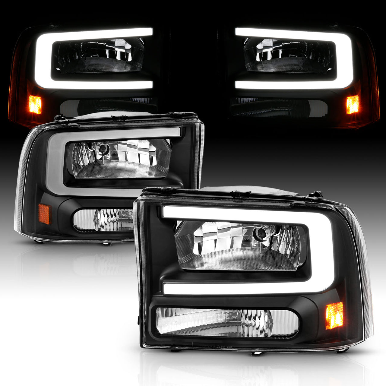 FORD EXCURSION 00-04/SUPER DUTY 99-04  HEADLIGHTS BLACK AMBER (W/ C LIGHT BAR)