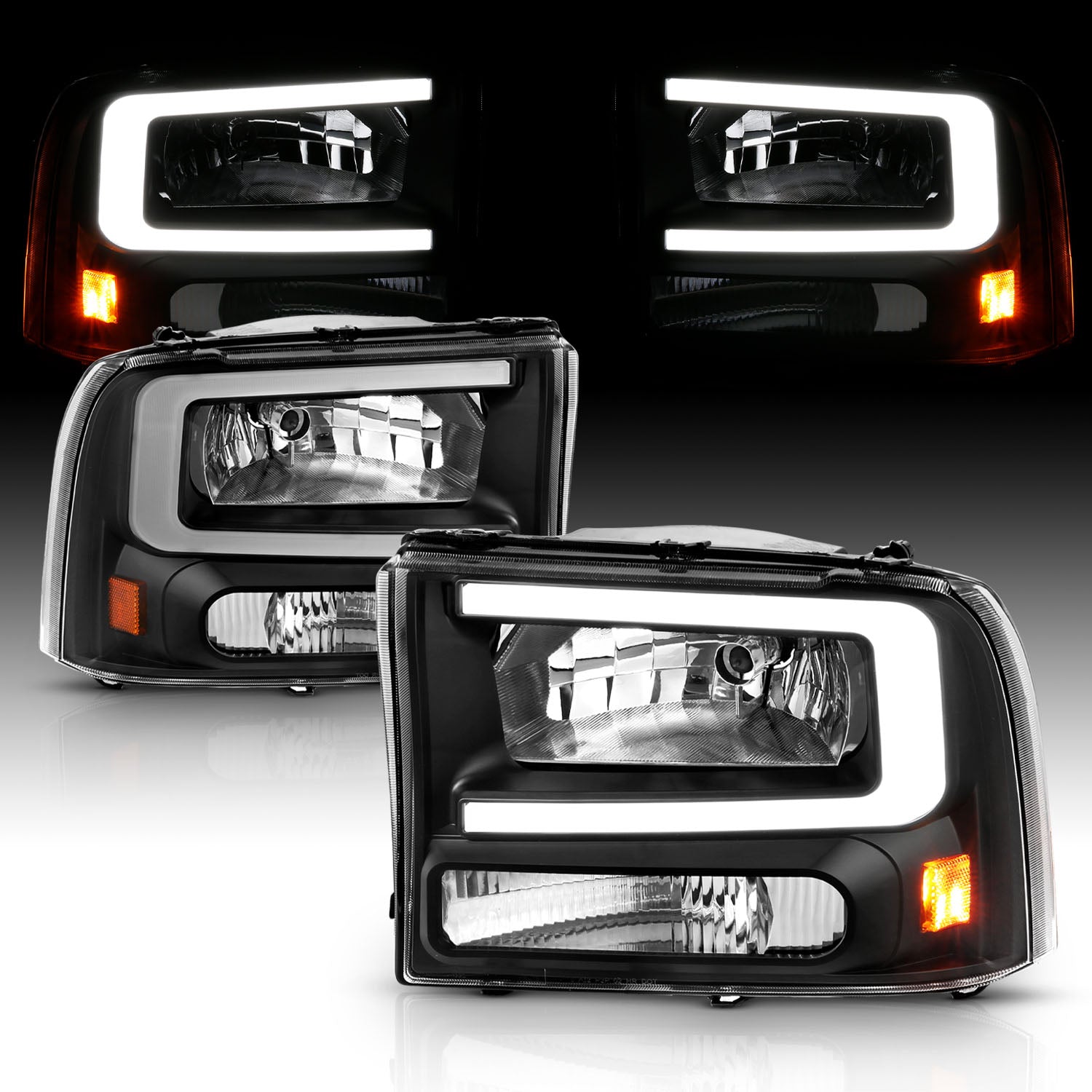 FORD EXCURSION 00-04/SUPER DUTY 99-04  HEADLIGHTS BLACK AMBER (W/ C LIGHT BAR)