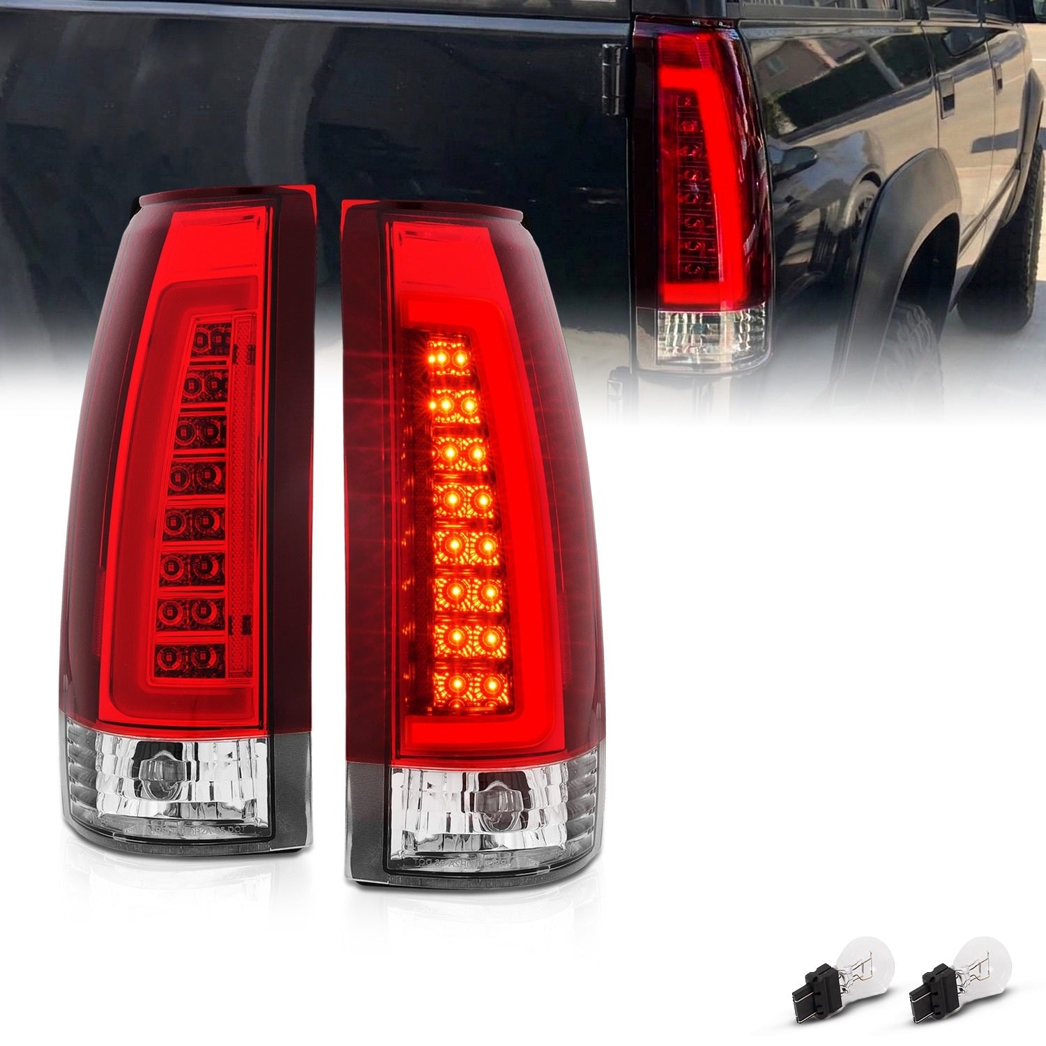 Chevy/GMC C/K 1500/2500/3500 88-99, SUBURBAN/YUKON 92-00, TAHOE 94-00, BLAZER 92-94, CADILLAC ESCALADE 99-00 LED C-BAR TAIL LIGHTS CHROME HOUSING RED/CLEAR LENS W/ C LIGHT BAR