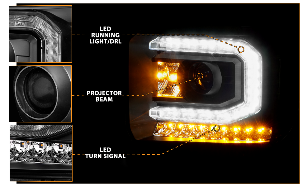 GMC SIERRA 1500 14-15/ 2500HD/3500HD 15-19 PROJECTOR  HEADLIGHTS LIGHT BAR BLACK  (HALOGEN TYPE MODEL W/ FACTORY DRL)