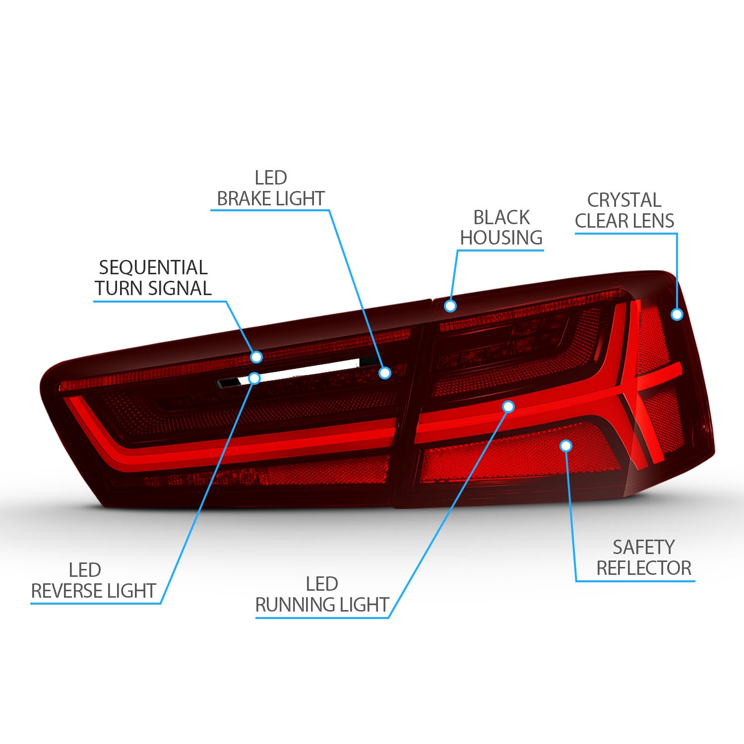 AUDI A6/S6 12-15  LED TAIL LIGHTS BLACK HOUSING RED/CLEAR LENS 4 PCS (SEQUENTIAL SIGNAL)