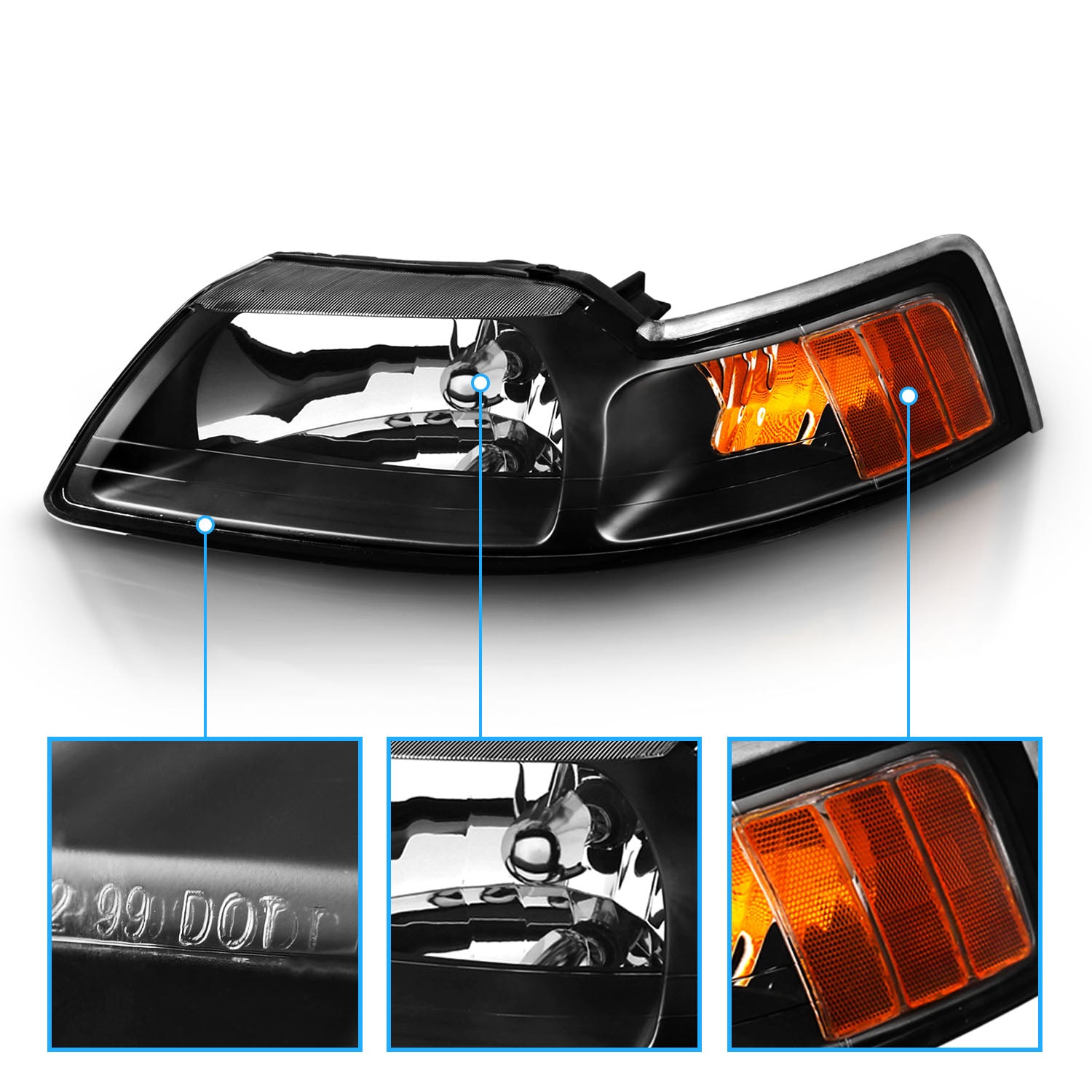 FORD MUSTANG 99-04 CRYSTAL HEADLIGHTS BLACK AMBER