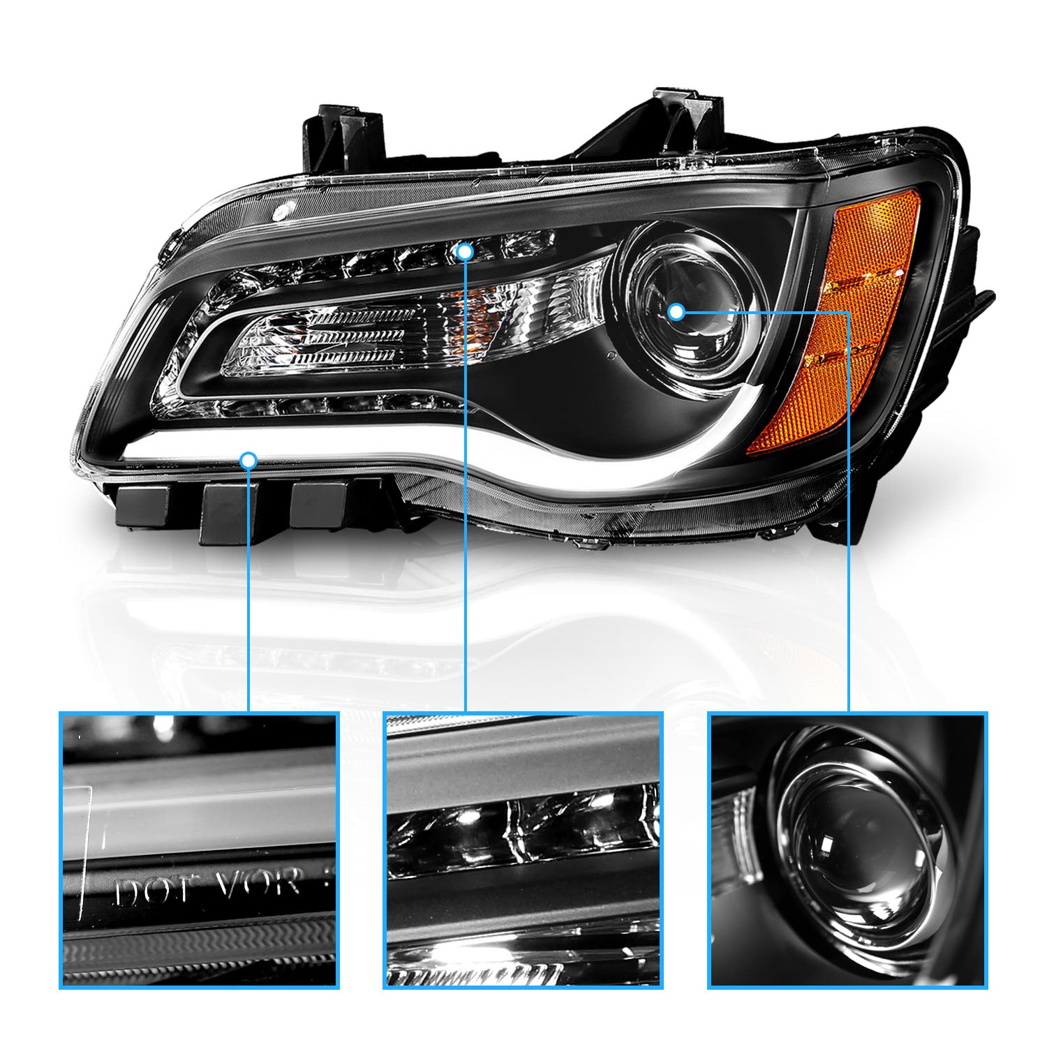CHRYSLER 300 11-UP PROJECTOR LIGHT BAR STYLE HEADLIGHTS BLACK CLEAR AMBER