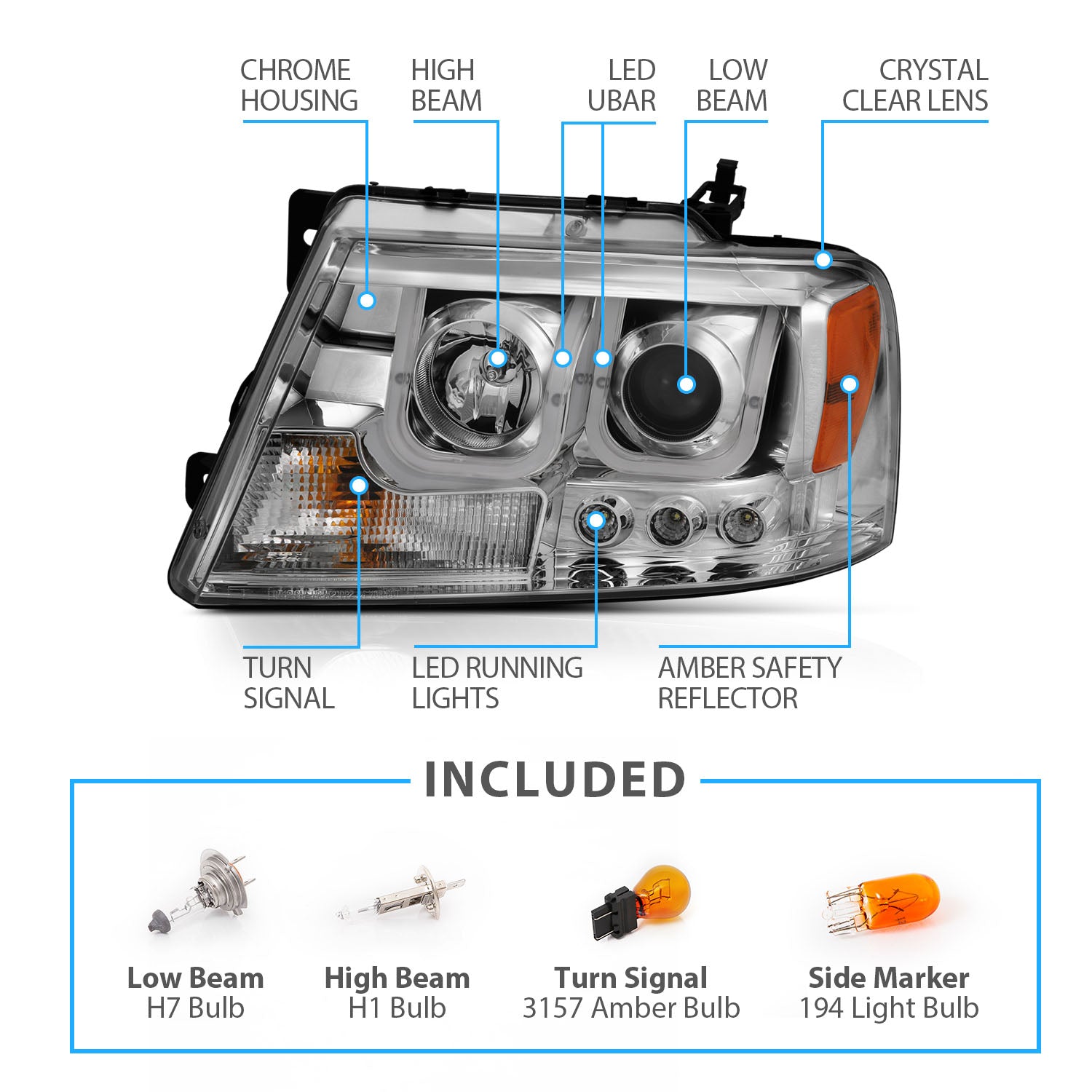 FORD F-150 04-07/LINCOLN MARK LT 06-07 PROJECTOR U-BAR STYLE HEADLIGHTS CHROME CLEAR AMBER