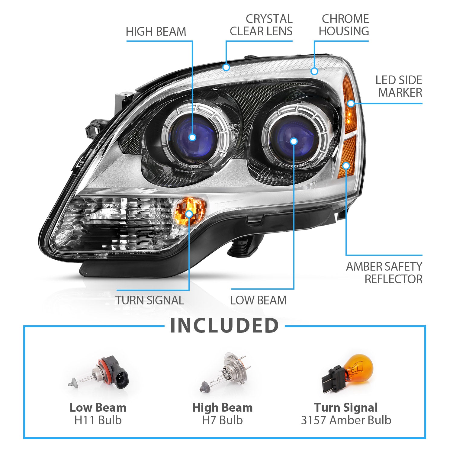 GMC ACADIA 07-12 PROJECTOR HEADLIGHTS CHROME AMBER (OE REPLACEMENT)