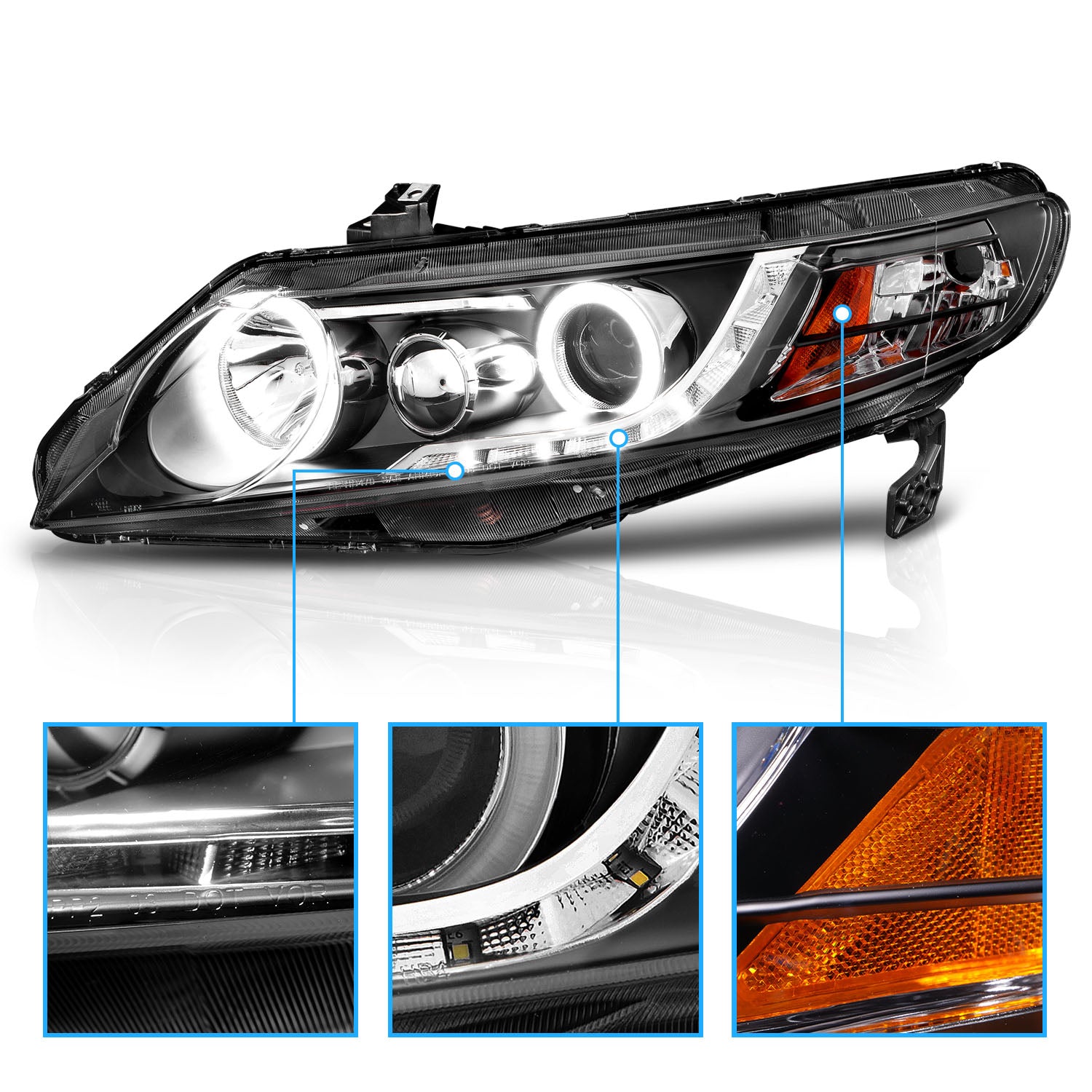 HONDA CIVIC 06-11 4DR/HYBRID PROJECTOR HEADLIGHTS HALO BLACK CLEAR AMBER (RX HALO)