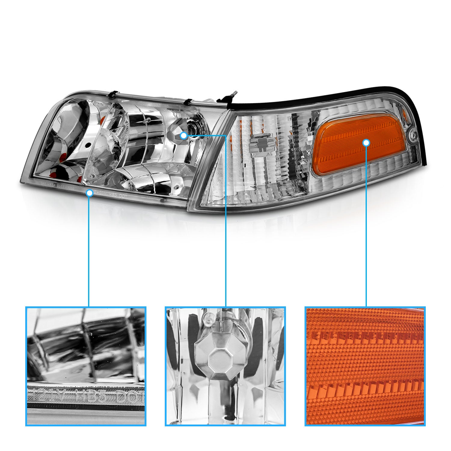 FORD CROWN VICTORIA 98-11 HEADLIGHTS CHROME 4 PCS W/ CORNER LIGHTS (OE REPLACEMENT)