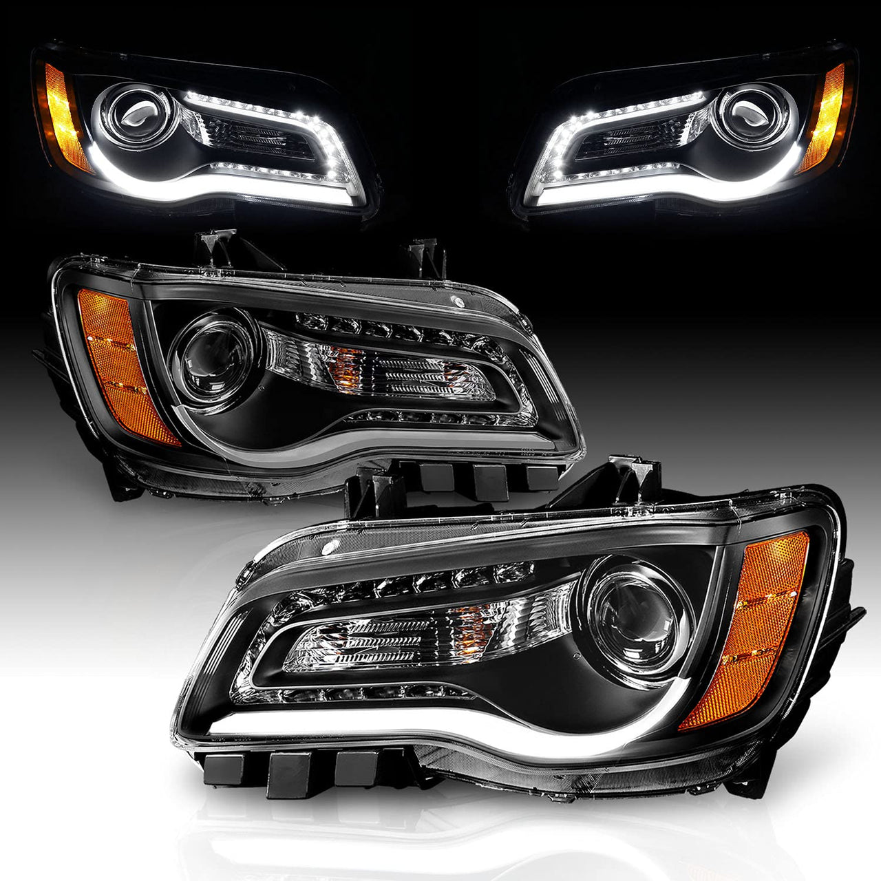 CHRYSLER 300 11-UP PROJECTOR LIGHT BAR STYLE HEADLIGHTS BLACK CLEAR AMBER