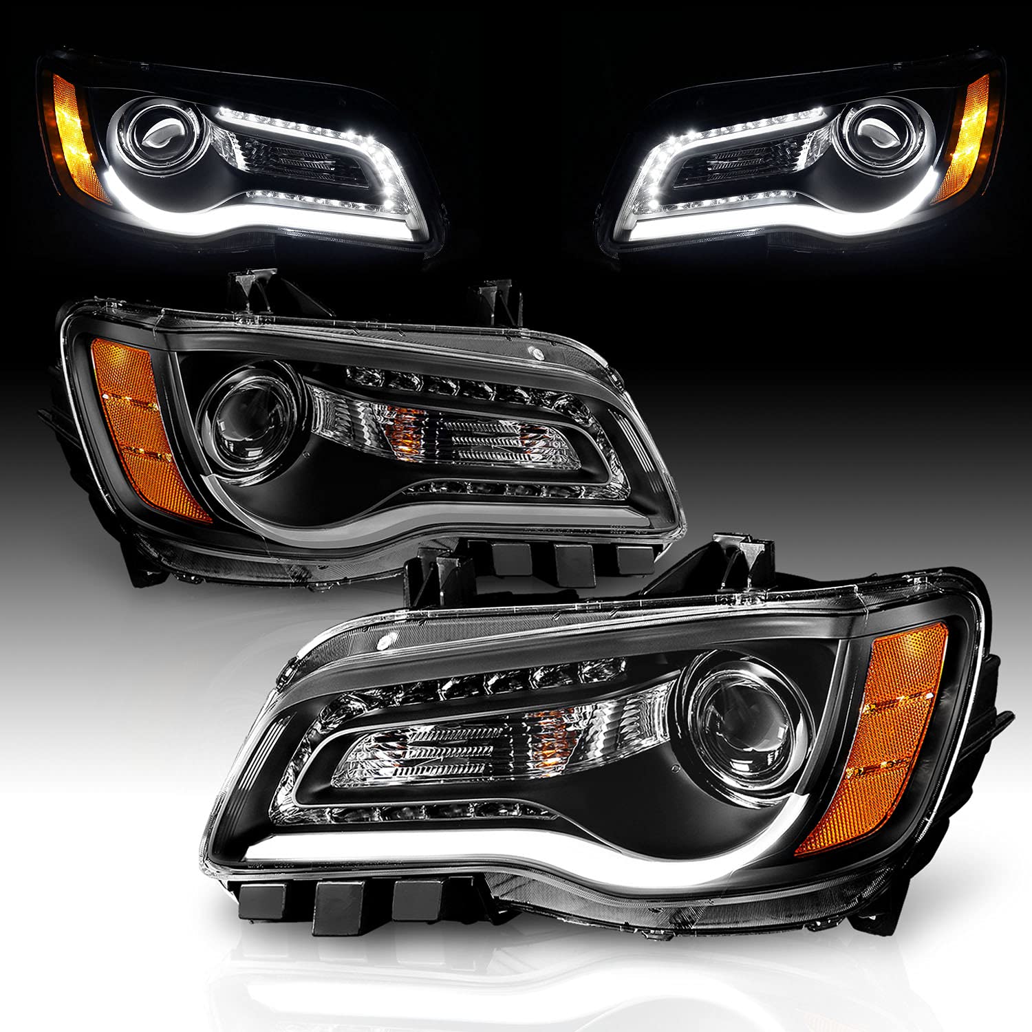 CHRYSLER 300 11-UP PROJECTOR LIGHT BAR STYLE HEADLIGHTS BLACK CLEAR AMBER