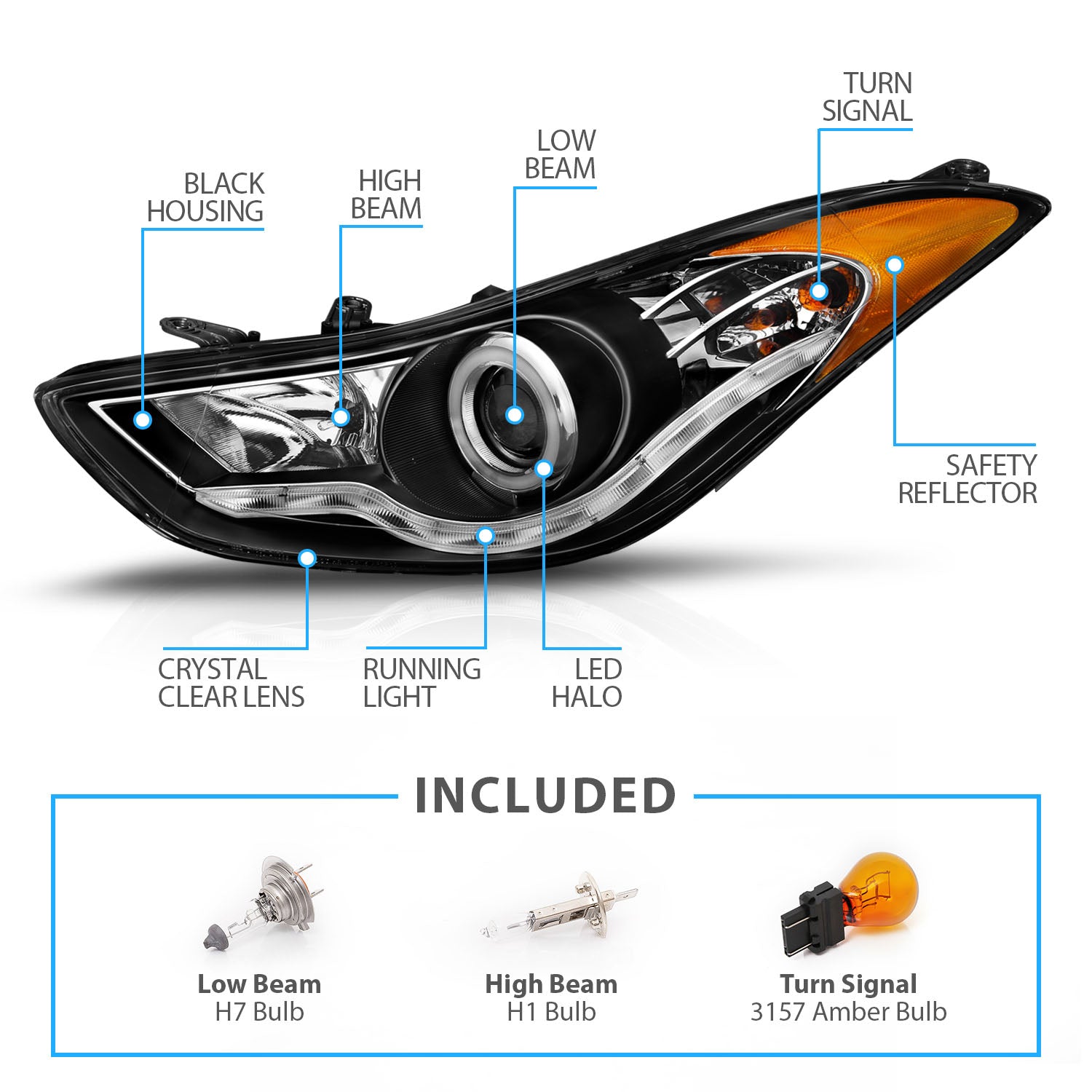 HYUNDAI ELANTRA 11-13 PROJECTOR HEADLIGHTS HALO BLACK CLEAR AMBER (RX HALO)