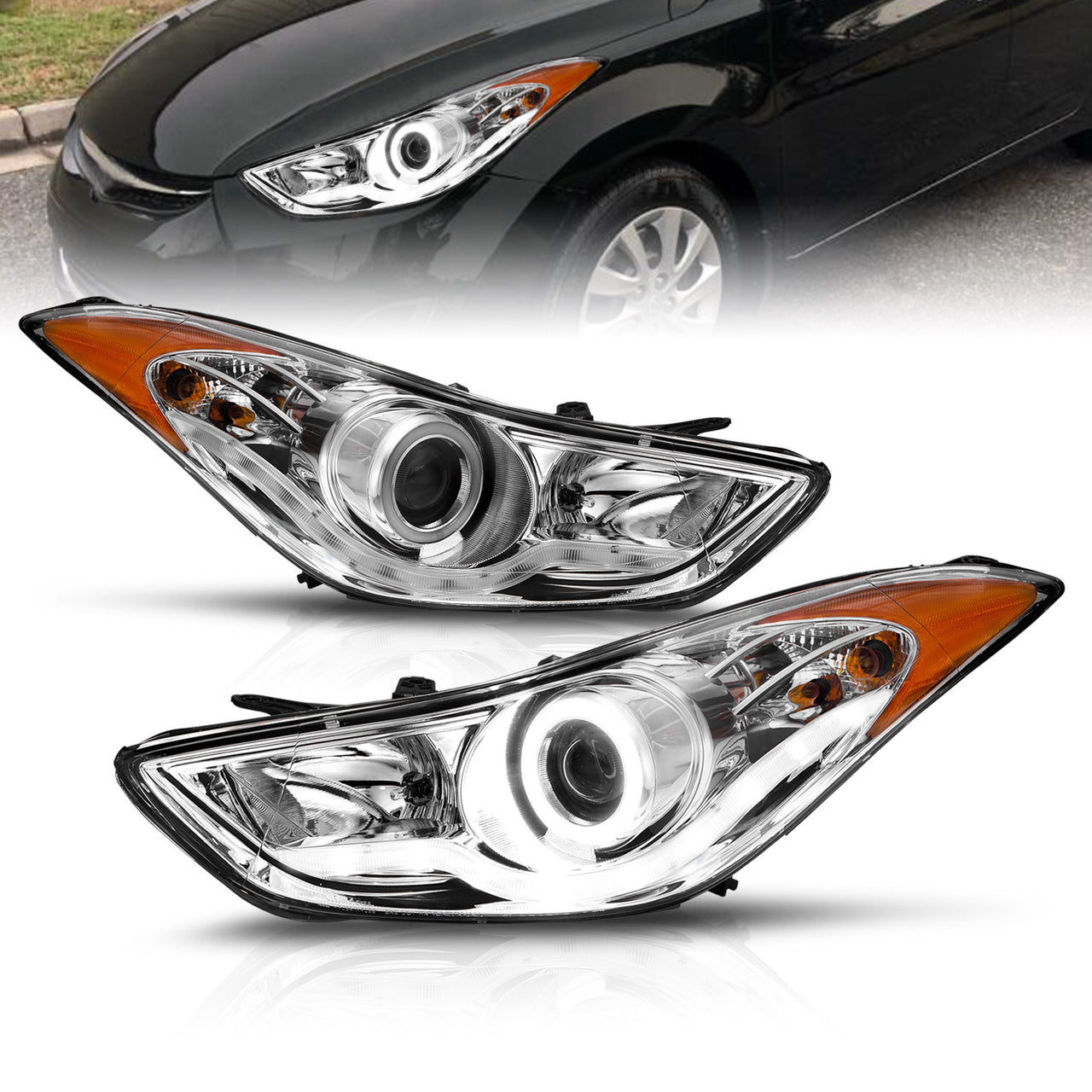 HYUNDAI ELANTRA 11-13 PROJECTOR HEADLIGHTS HALO CHROME CLEAR AMBER (RX HALO)