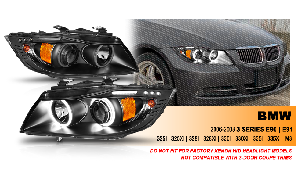 BMW 3 SERIES E90/E91 06-08 4DR/WAGON PROJECTOR HEADLIGHTS HALO W/ LED BAR BLACK CLEAR AMBER (RX HALO)