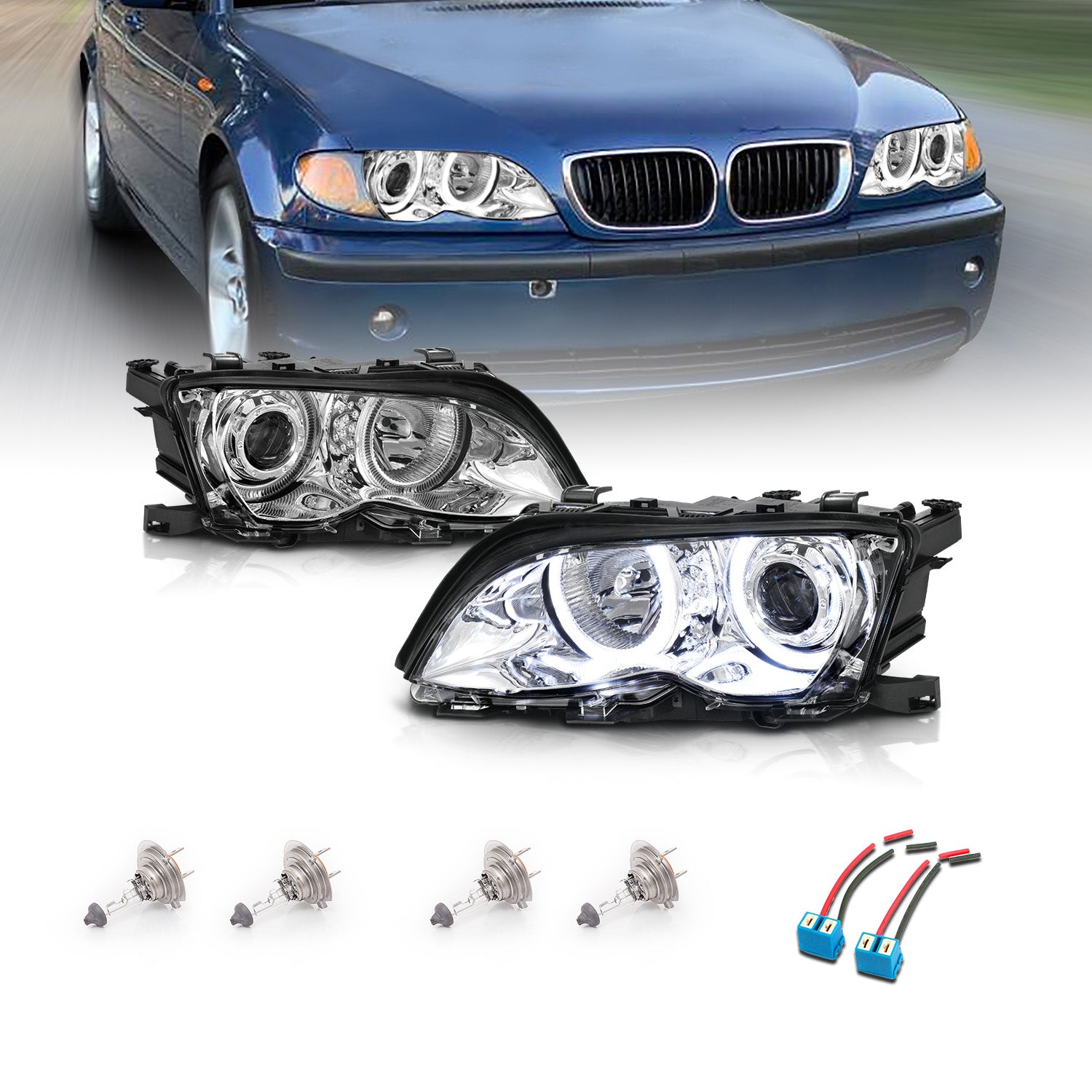 BMW 3 SERIES E46 02-05 4DR PROJECTOR HEADLIGHTS HALO CHROME CLEAR