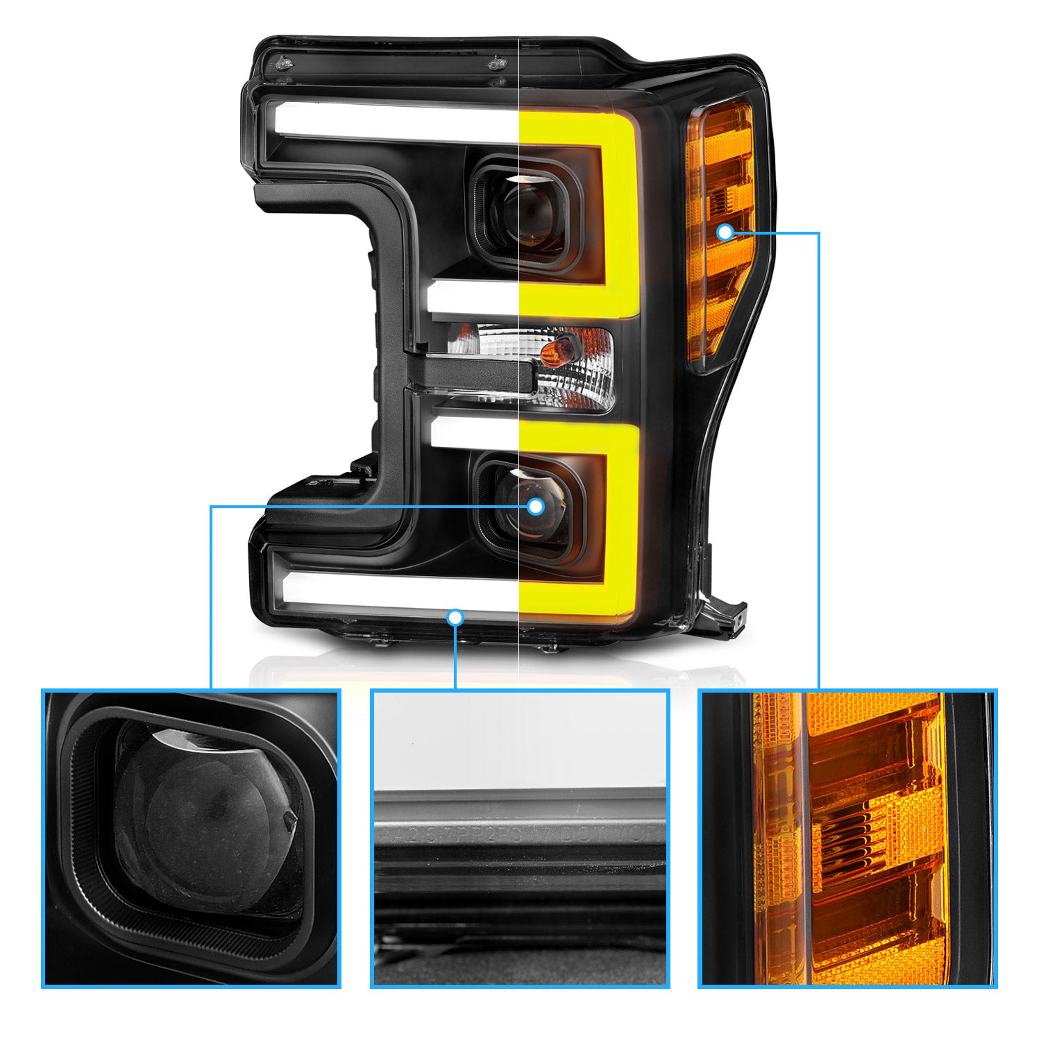 FORD F-250/F350/F450 17 UP PROJECTOR LIGHT BAR STYLE SWITCHBACK HEADLIGHTS BLACK AMBER