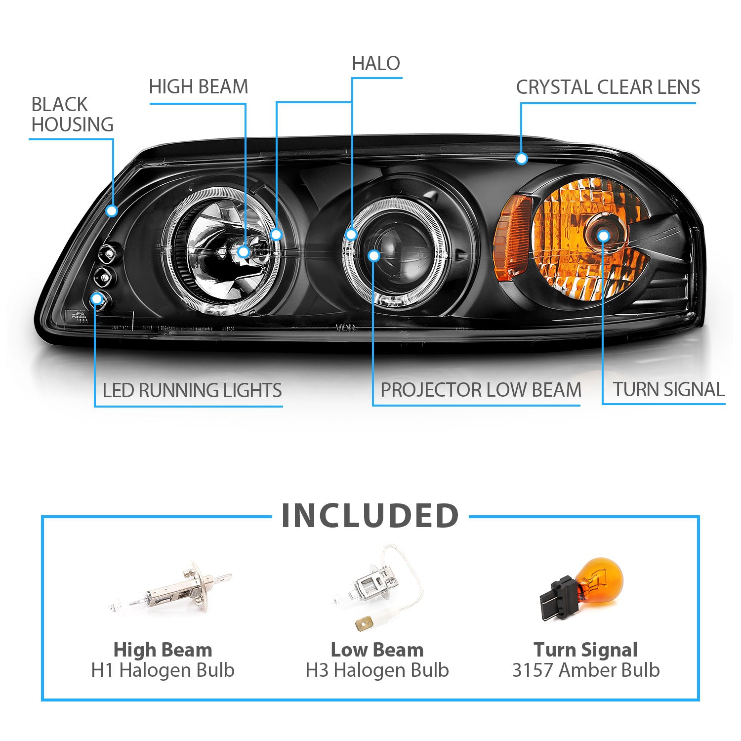 CHEVY IMPALA 00-05 PROJECTOR HEADLIGHTS HALO BLACK CLEAR AMBER