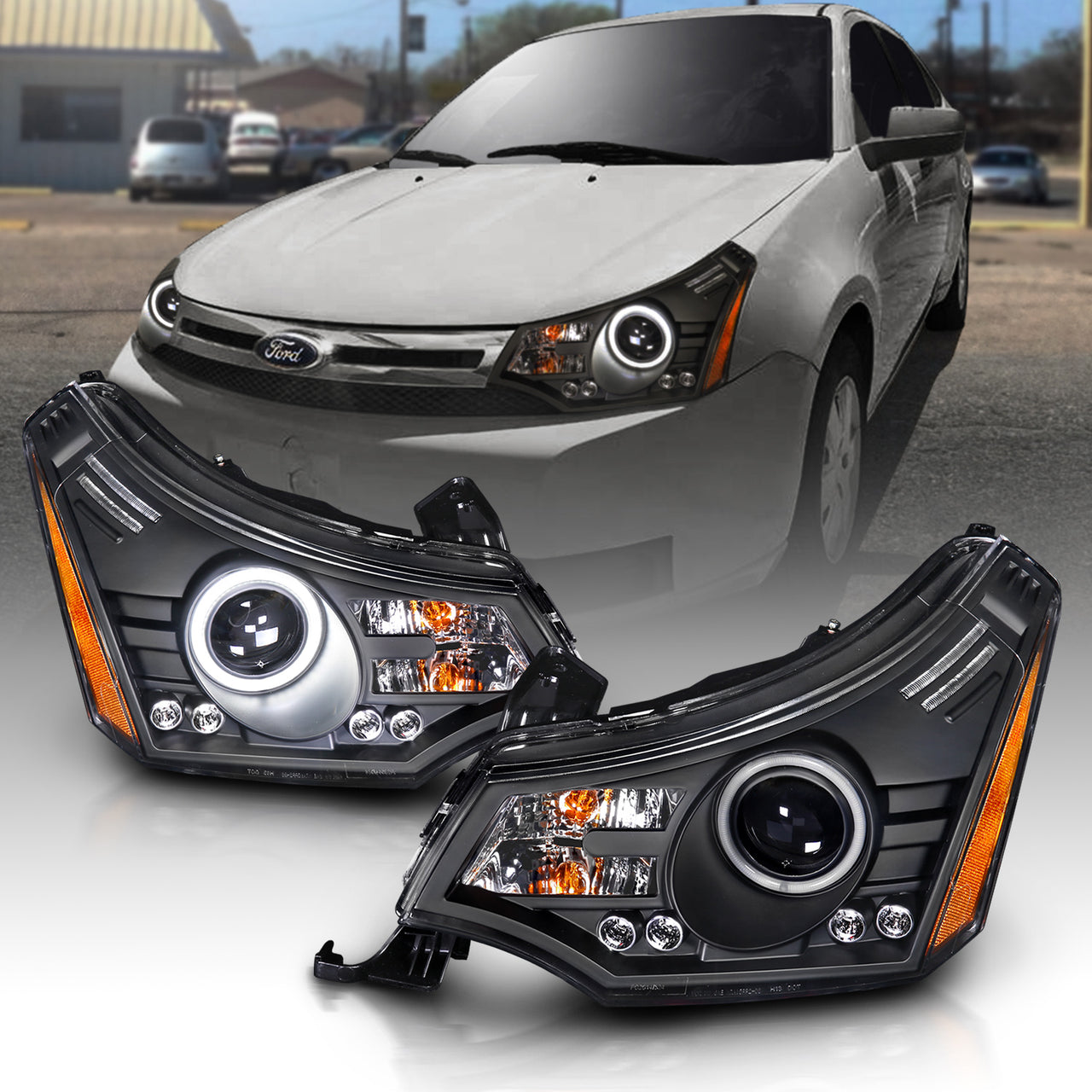 FORD FOCUS 08-11 PROJECTOR HEADLIGHTS BLACK CLEAR (RX HALO)