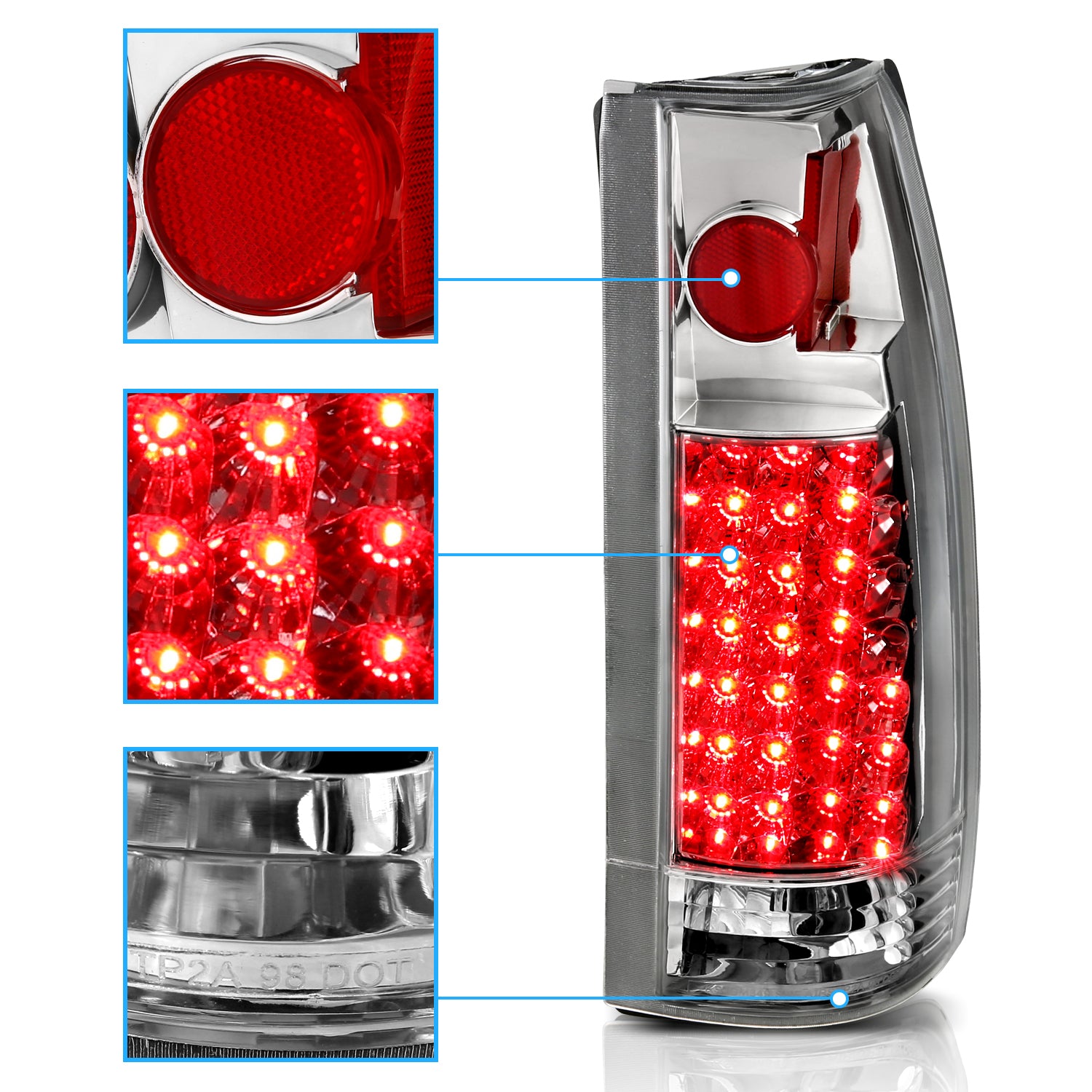 Chevy/GMC C/K 1500/2500/3500 88-99, SUBURBAN/YUKON 92-00, TAHOE 94-00, BLAZER 92-94, CADILLAC ESCALADE 99-00 LED TAIL LIGHTS CHROME HOUSING CLEAR LENS G2