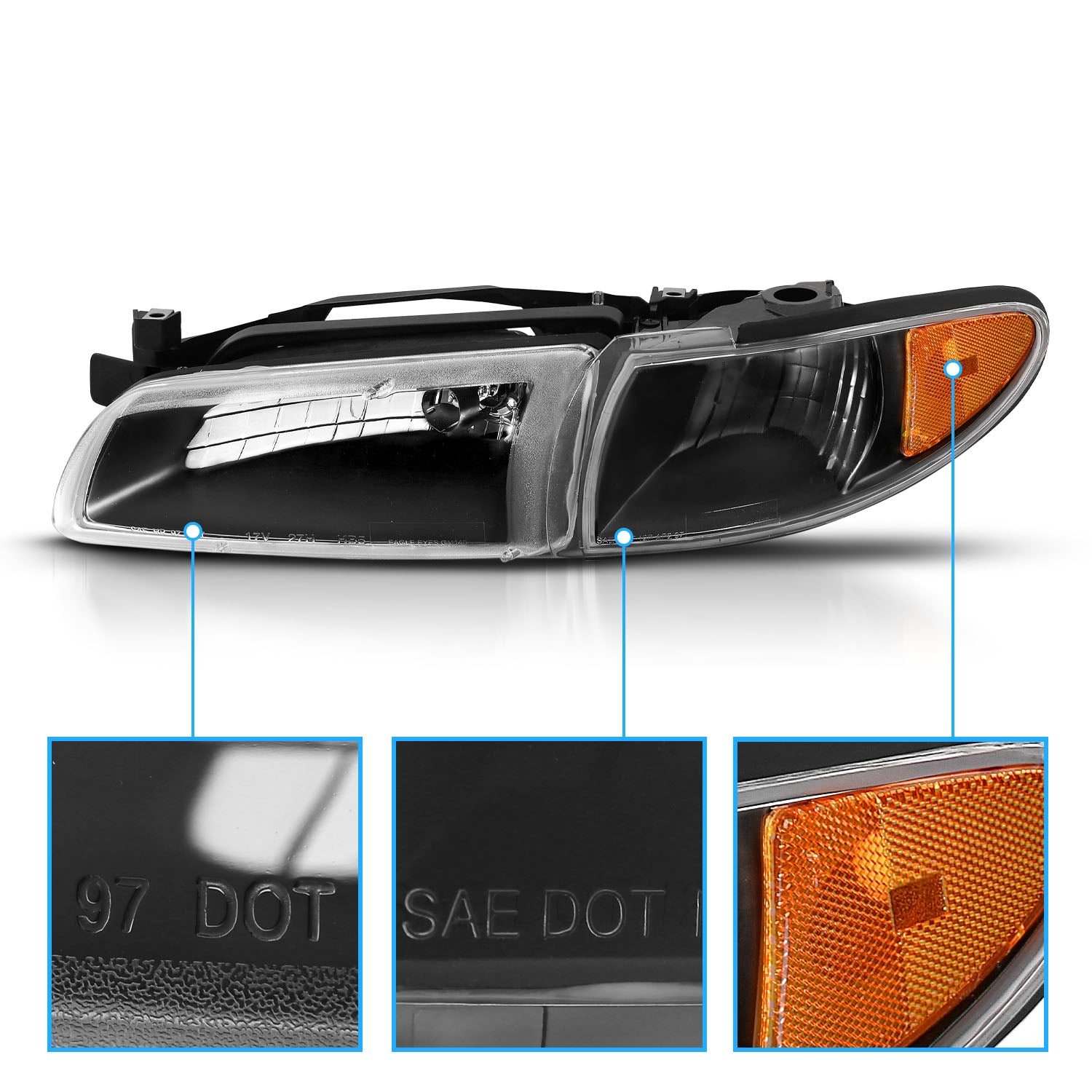PONTIAC GRAND PRIX 97-03 HEADLIGHTS W/ CORNER LIGHTS BLACK  AMBER