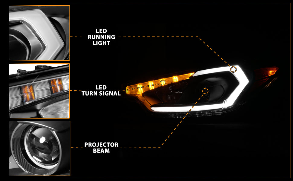 KIA FORTE 14-16 LED PLANK STYLE HEADLIGHTS BLACK (W/ FACTORY LED DRL)