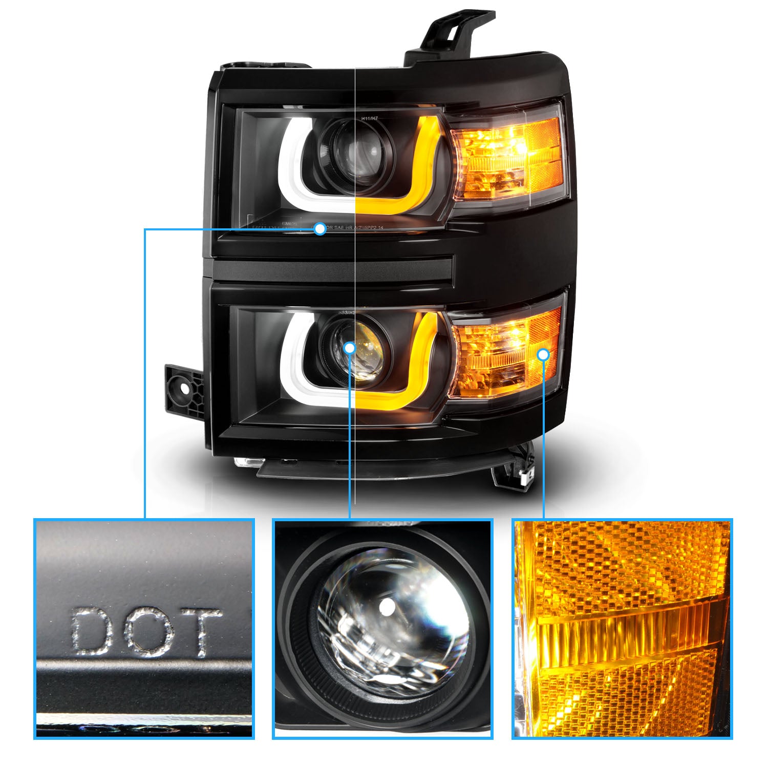 CHEVY SILVERADO 14 PROJECTOR DOUBLE COLOR U BAR STYLE H.L BLACK  WITH BLACK TRIM AMBER