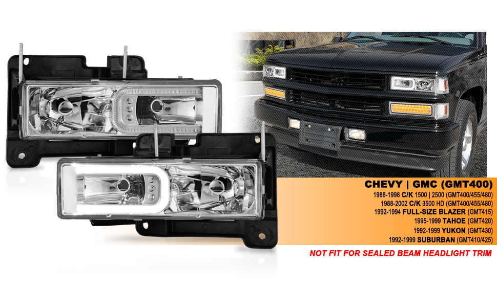 CHEVY/GMC C/K 1500/2500/3500 88-99, SUBURBAN/YUKON 92-00, TAHOE 94-00, BLAZER 92-94 HEADLIGHTS CHROME HOUSING W/ C LIGHTS BAR