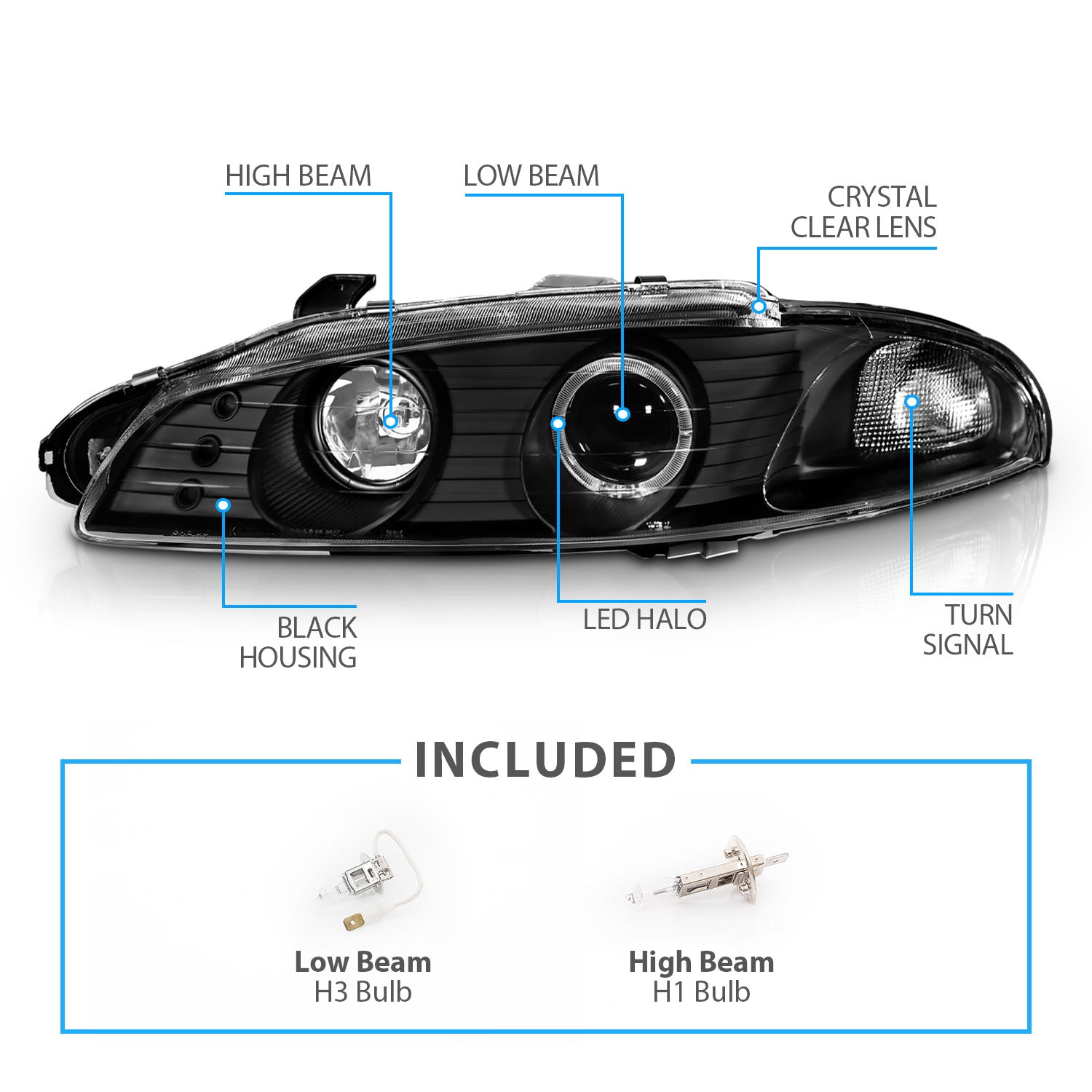 MITSUBISHI ECLIPSE 97-99 PROJECTOR HEADLIGHTS G2 1 HALO BLACK CLEAR