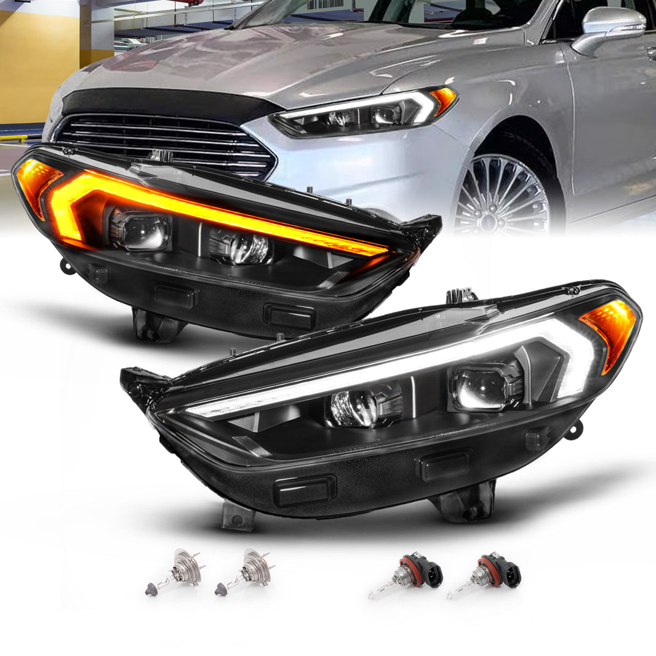FORD FUSION 13-16 PROJECTOR SWITCHBACK HEADLIGHTS BLACK HOUSING CLEAR LENS