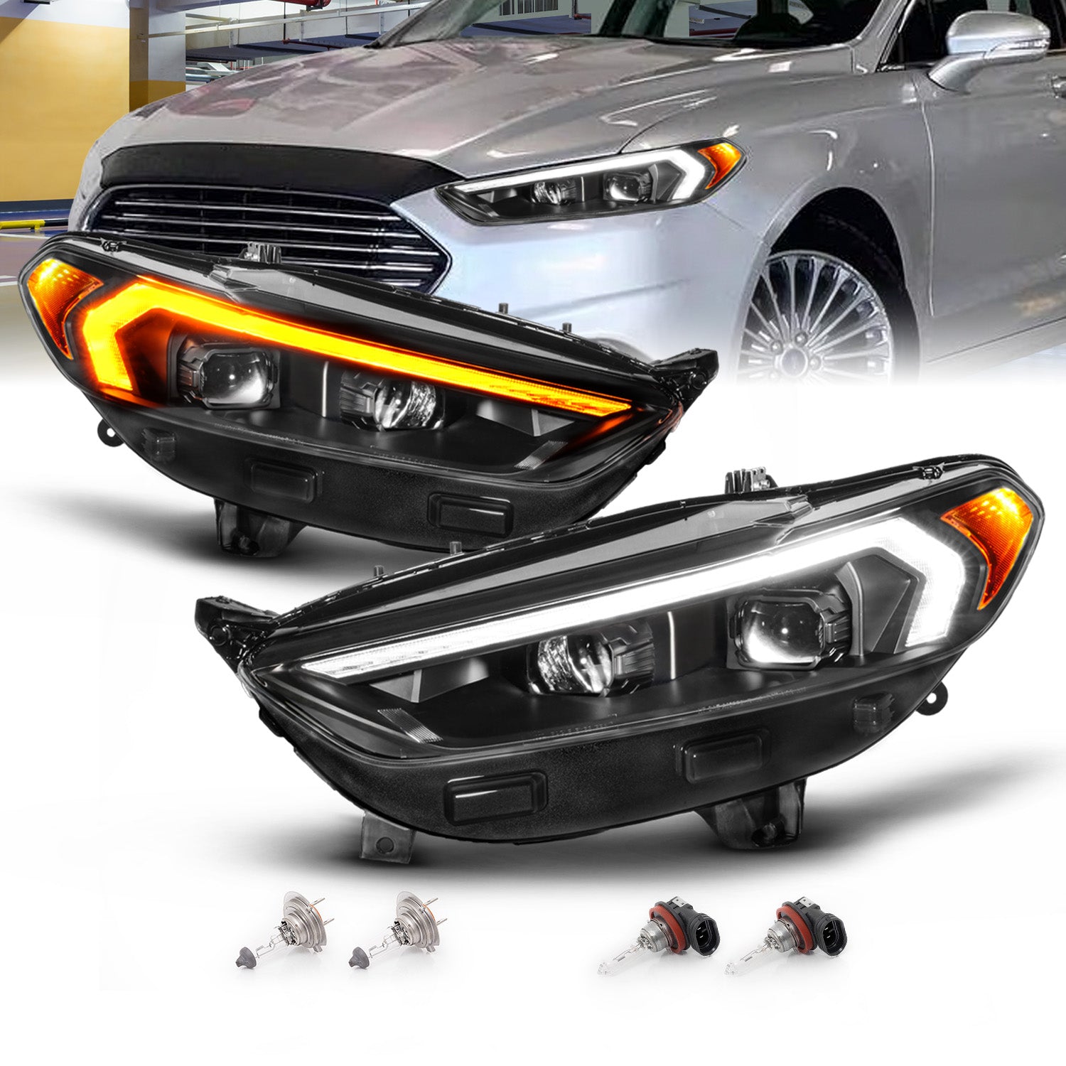 FORD FUSION 13-16 PROJECTOR SWITCHBACK HEADLIGHTS BLACK HOUSING CLEAR LENS