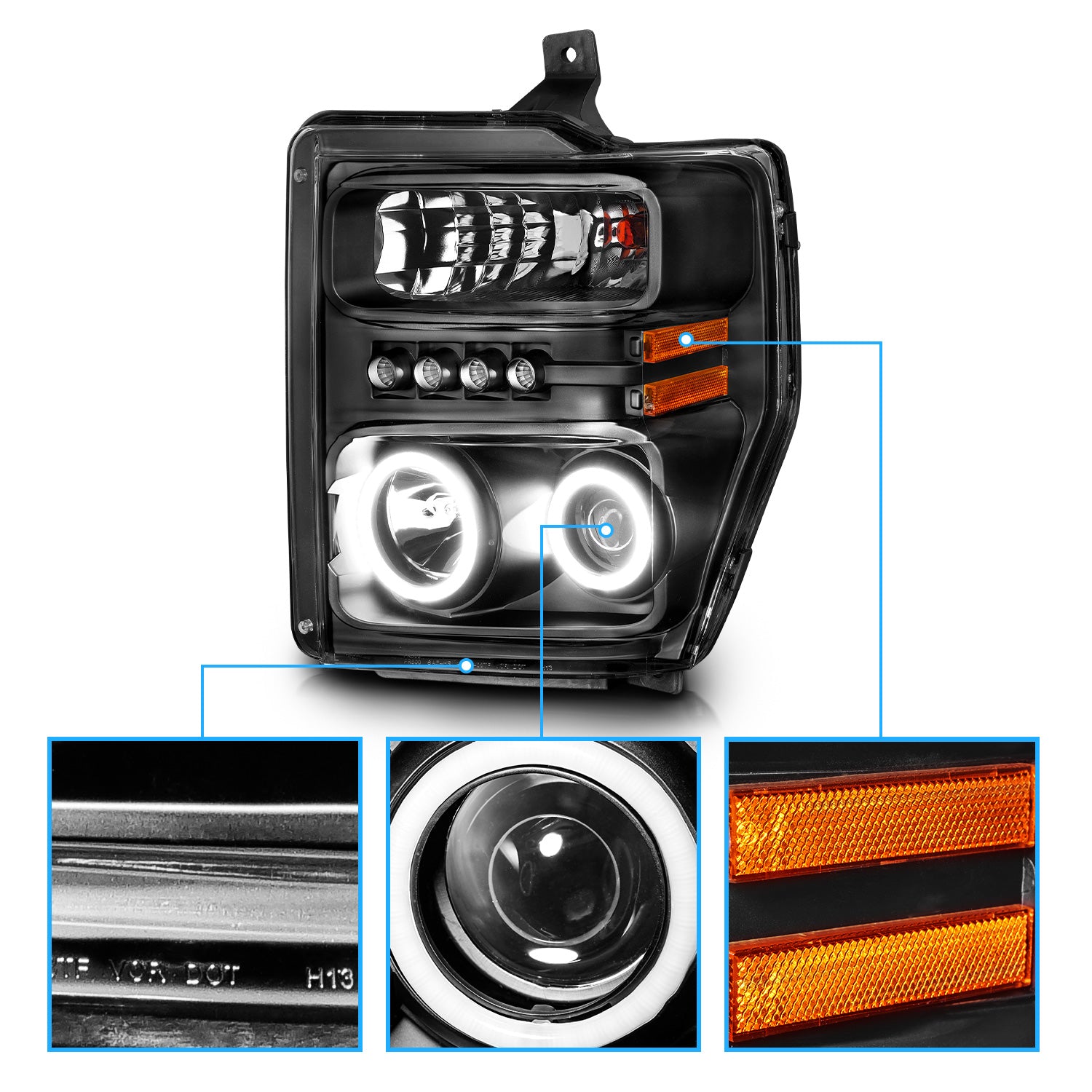 FORD F-250/SUPER DUTY 08-10 PROJECTOR HEADLIGHTS HALO W/O CCFL BAR  BLACK CLEAR AMBER (RX HALO)