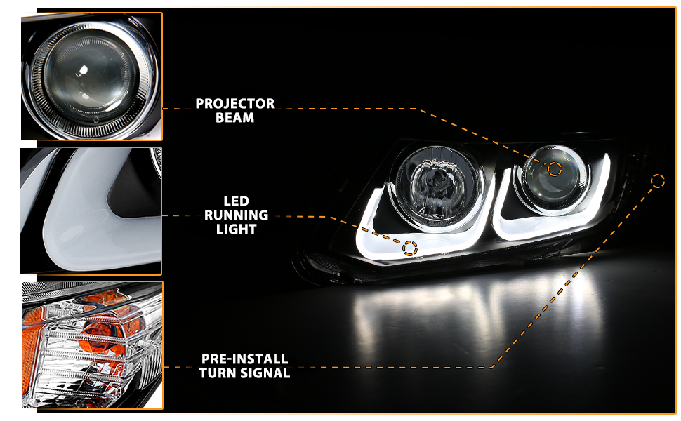 HONDA CIVIC 12-13 2/4DR PROJECTOR U-BAR STYLE HEADLIGHTS BLACK CLEAR AMBER