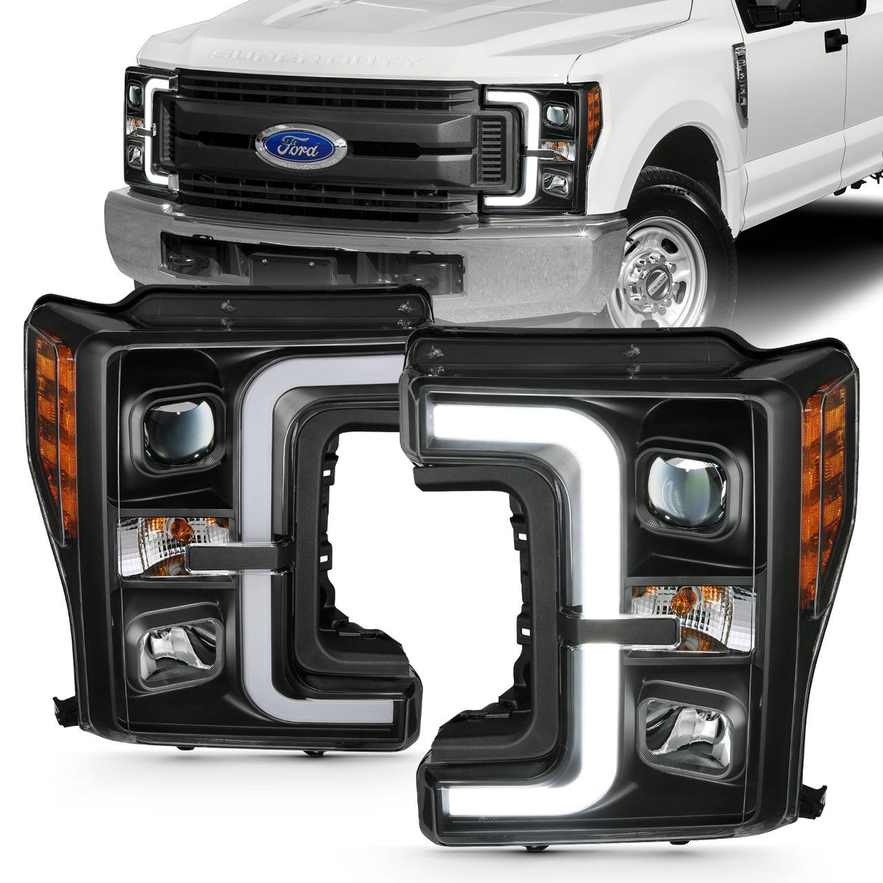 FORD F-250/F350/F450 17 UP PROJECTOR LIGHT BAR STYLE HEADLIGHTS BLACK AMBER