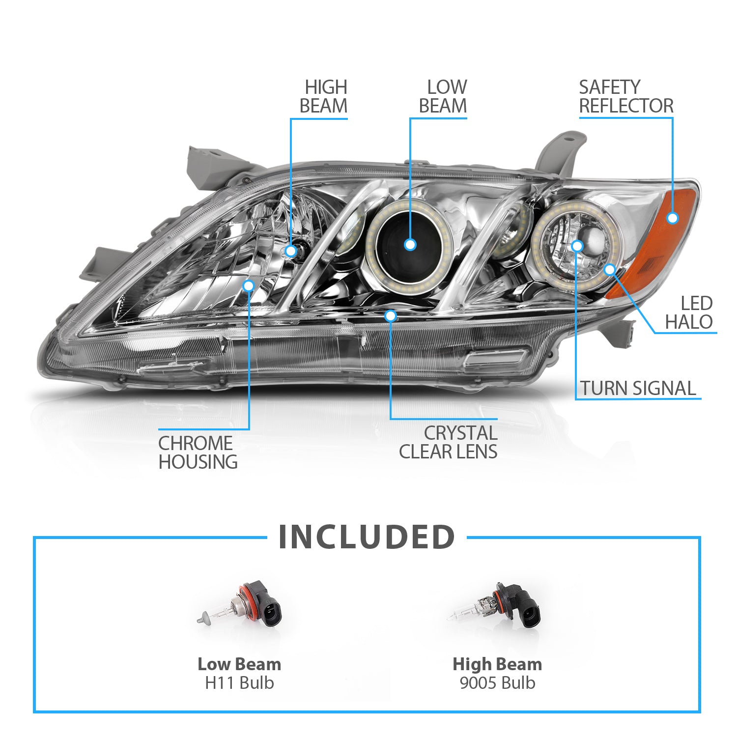 TOYOTA CAMRY 07-09 PROJECTOR HEADLIGHTS HALO CHROME CLEAR AMBER (RX HALO)