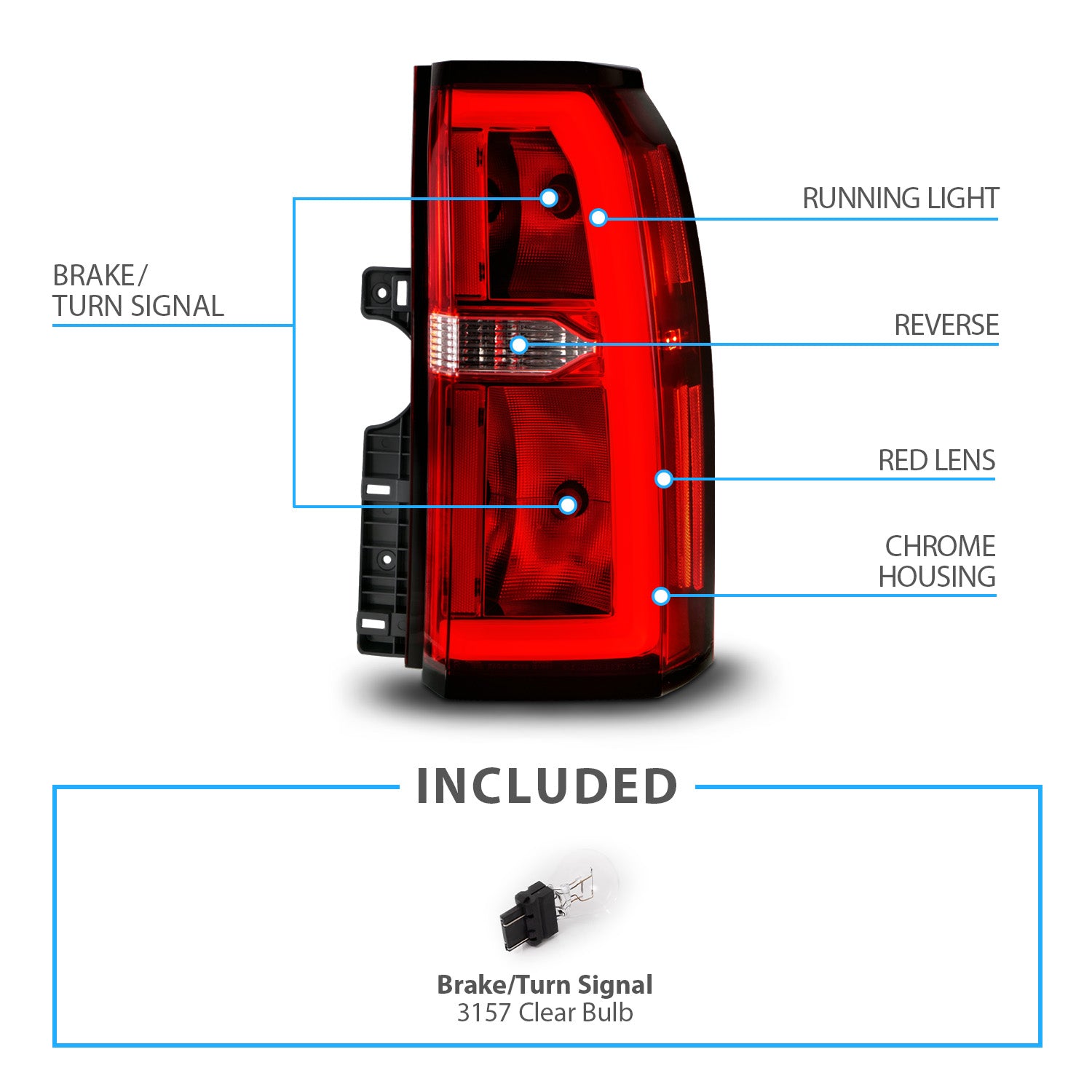 CHEVY TAHOE/SUBURBAN 15'-20' TAIL LIGHT, RED/CLEAR LENS WITH C LIGHT BAR (OE STYLE)