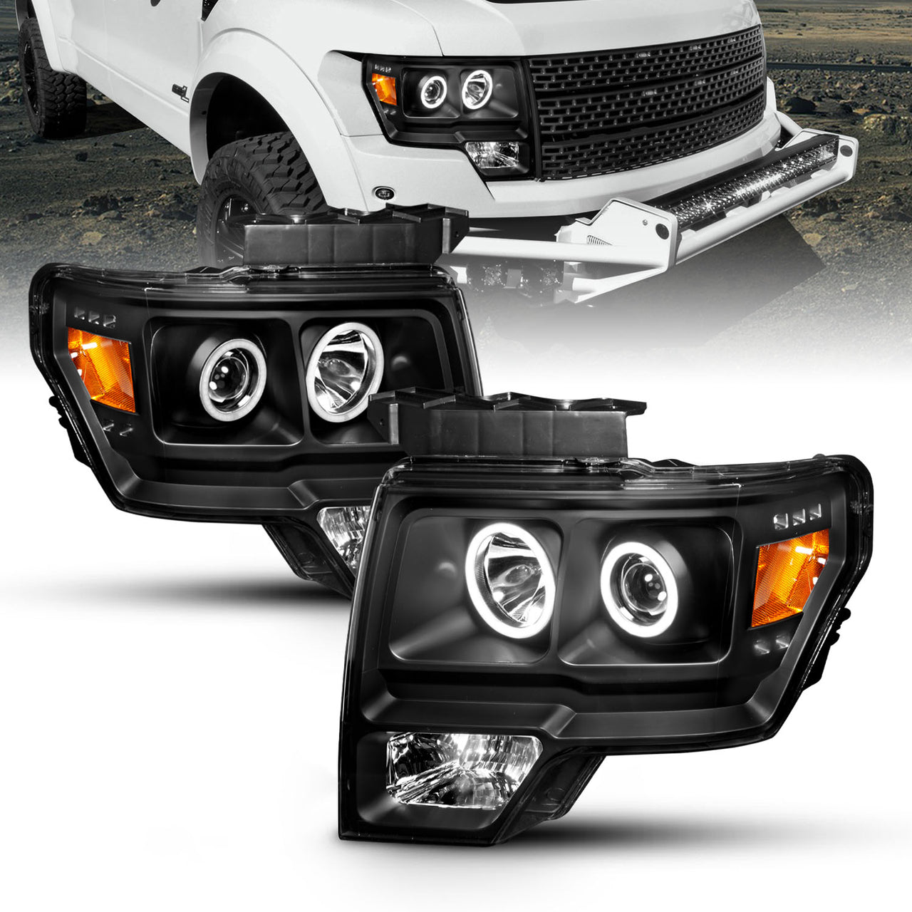 FORD F-150 09-13 PROJECTOR HEADLIGHTS HALO LED BLACK AMBER (RX HALO)