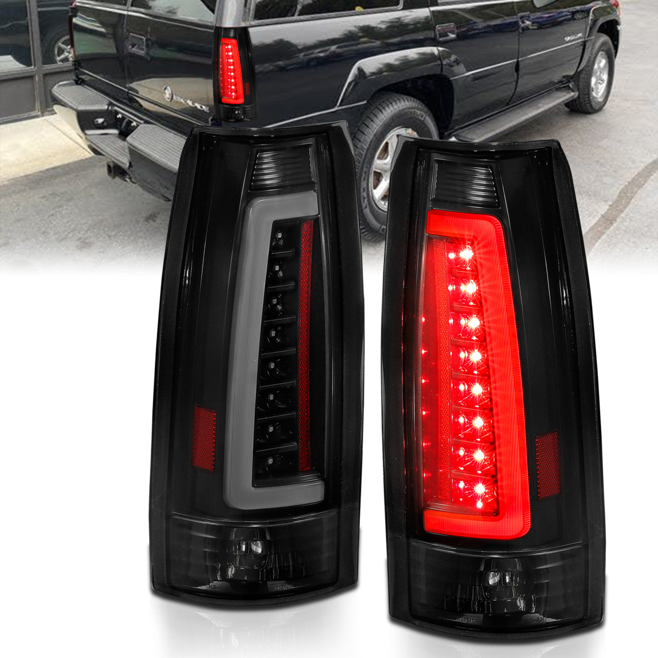 Chevy/GMC C/K 1500/2500/3500 88-99, SUBURBAN/YUKON 92-00, TAHOE 94-00, BLAZER 92-94, CADILLAC ESCALADE 99-00 LED C-BAR TAIL LIGHTS BLACK HOUSING SMOKE LENS