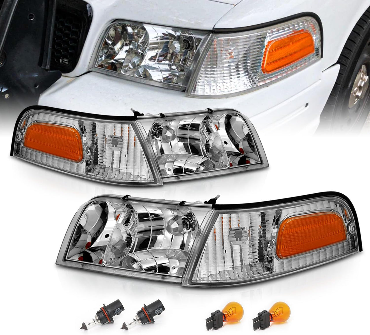 FORD CROWN VICTORIA 98-11 HEADLIGHTS CHROME 4 PCS W/ CORNER LIGHTS (OE REPLACEMENT)