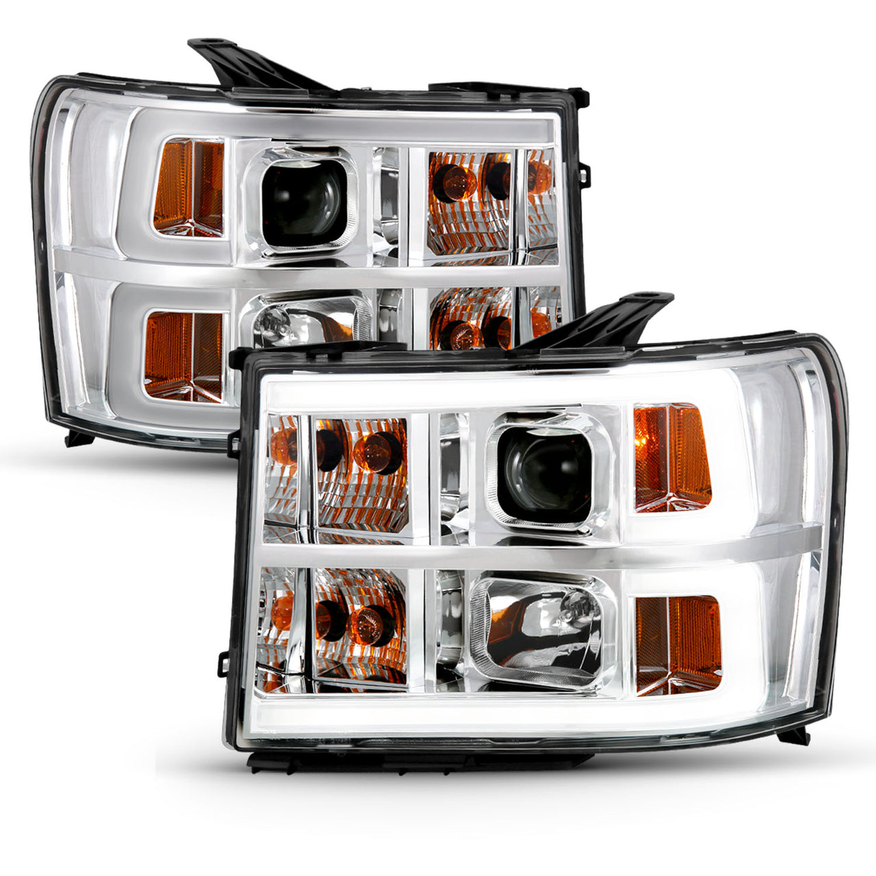 GMC SIERRA 07-10/1500 HYBRID 09-10 PROJECTOR LIGHT BAR STYLE HEADLIGHTS CHROME CLEAR AMBER