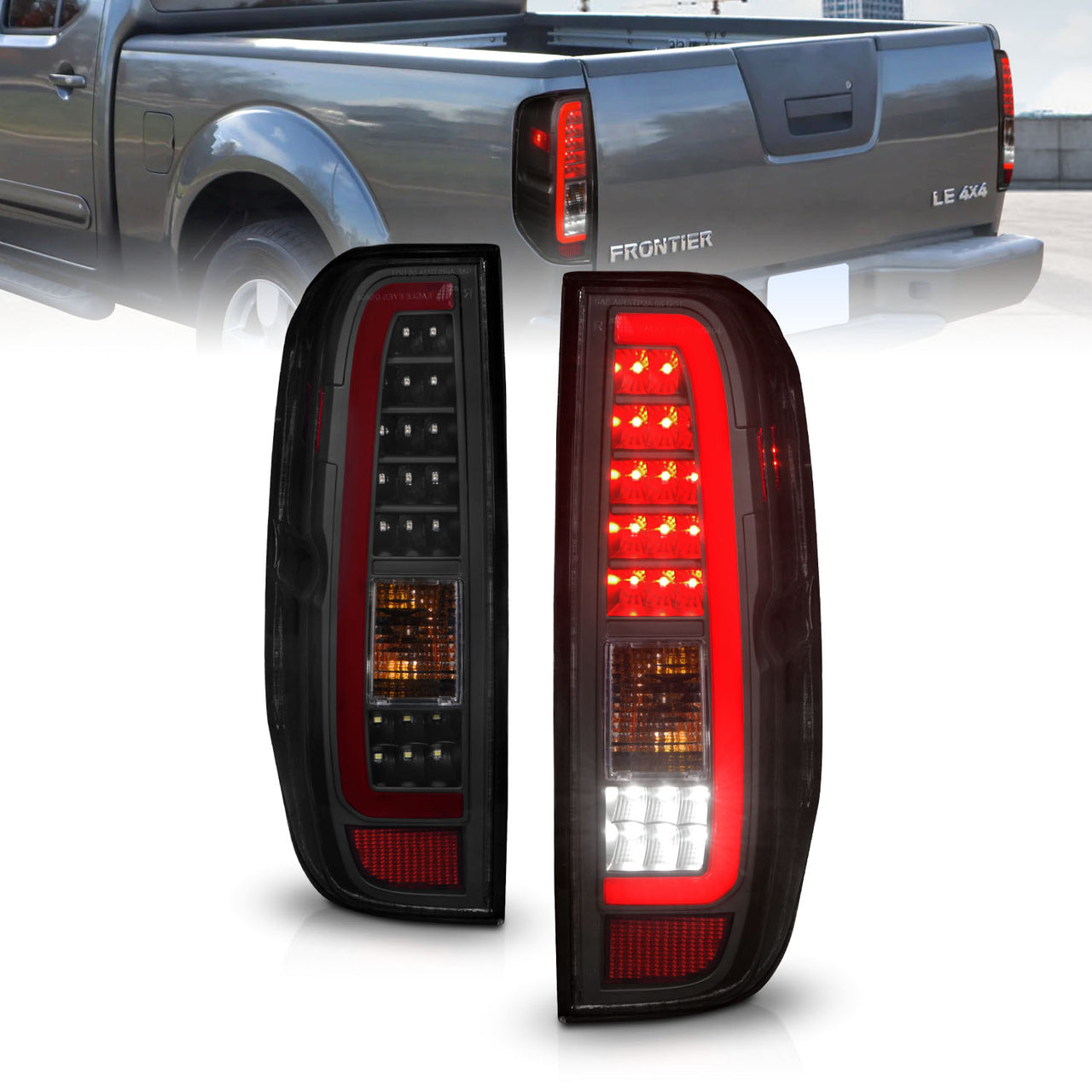 NISSAN FRONTIER 05-19 / SUZUKI EQUATOR 9-12 LED TAIL LIGHTS BLACK HOUSING SMOKE LENS W/C LIGHT BAR