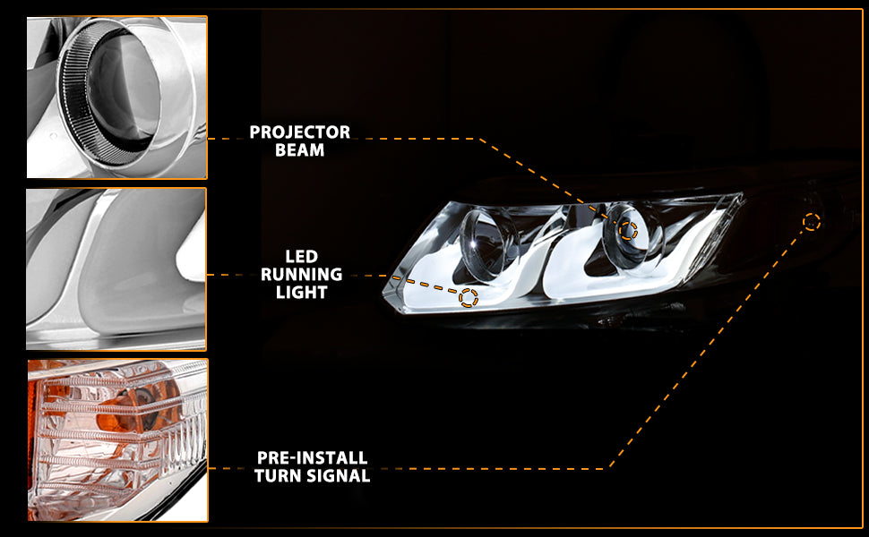 HONDA CIVIC 12-13 2/4DR PROJECTOR U-BAR STYLE HEADLIGHTS CHROME CLEAR AMBER
