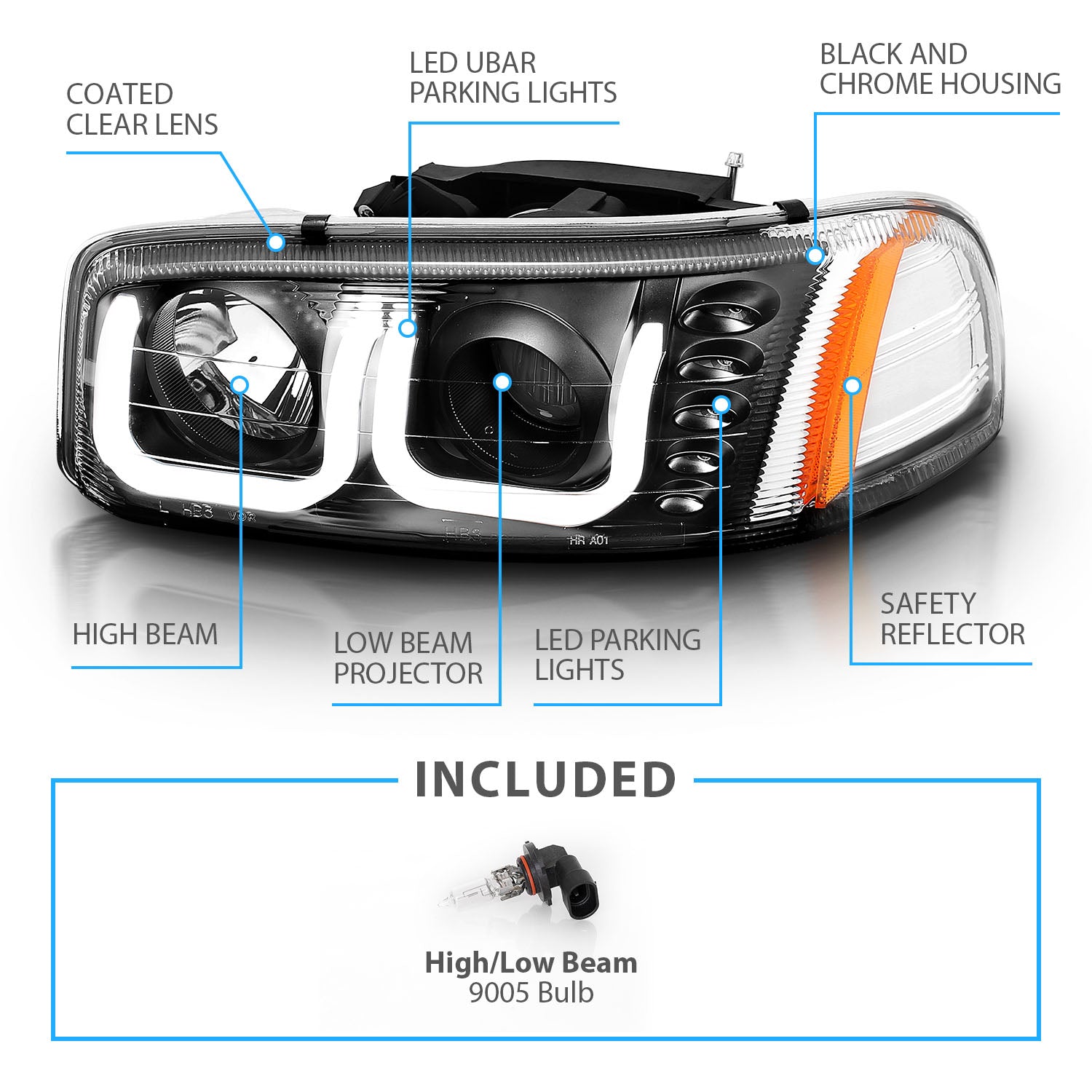 GMC SIERRA C3 99-02/SIERRA DENALI 99-07/YUKON/YUKON XL/YUKON DENALI 00-06 PROJECTOR HEADLIGHTS U-BAR CHROME BLACK AMBER