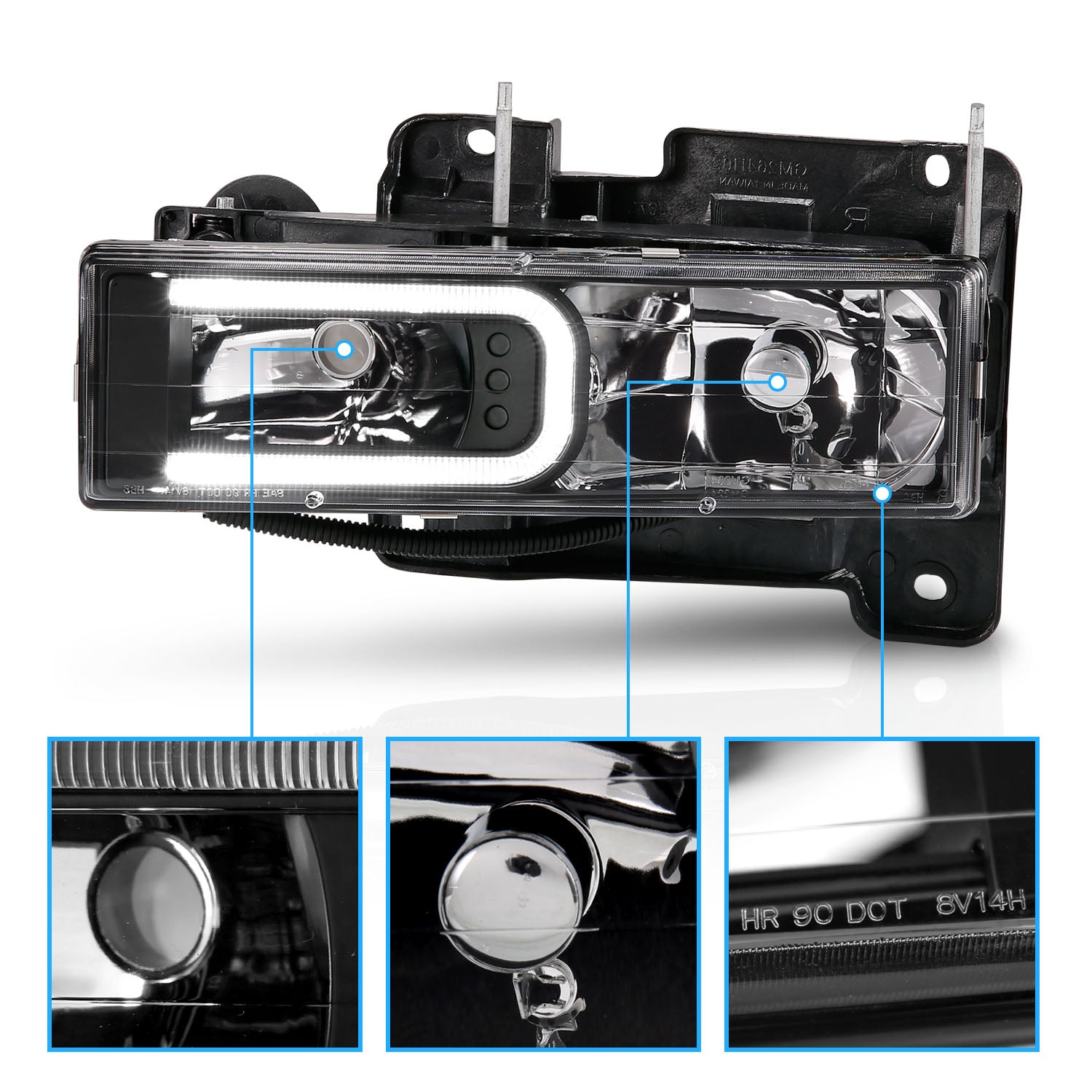 CHEVY/GMC C/K 1500/2500/3500 88-99, SUBURBAN/YUKON 92-00, TAHOE 94-00, BLAZER 92-94 HEADLIGHTS BLACK HOUSING W/ C LIGHTS BAR