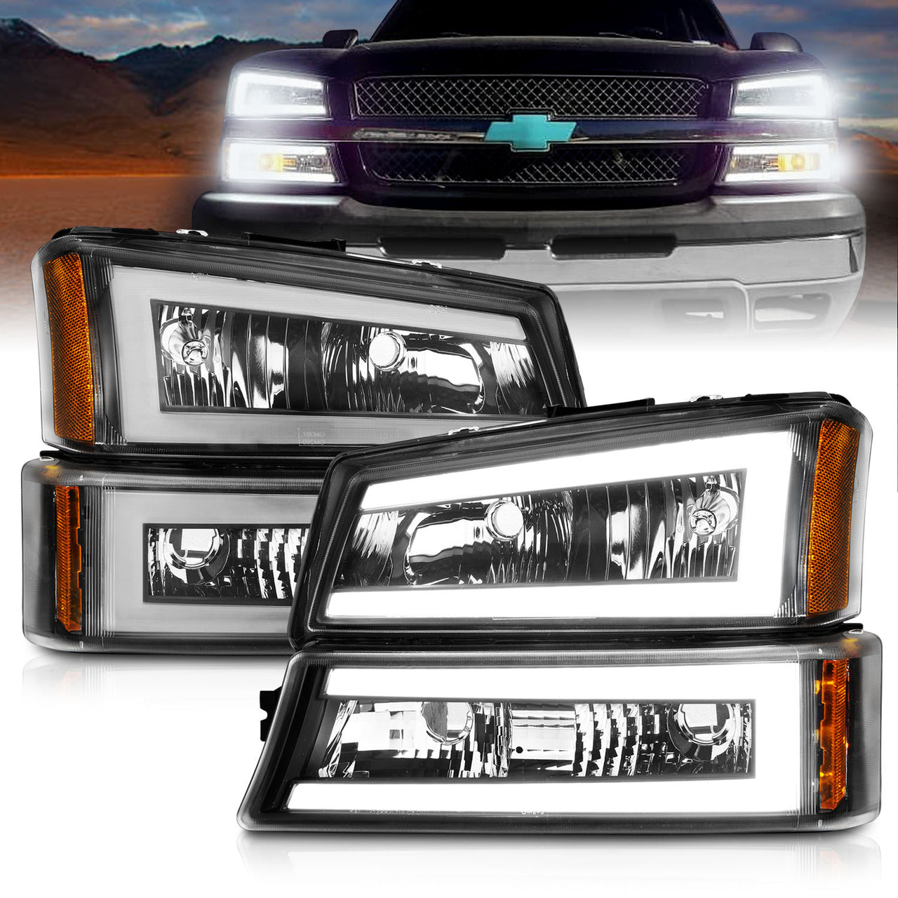 CHEVY SILVERADO 03-07/ AVALANCHE 02-06 HEADLIGHTS W/ SIGNAL LIGHT BLACK HOUSING AMBER (4 PCS) (W/ C LIGHT BAR) W/O BODY CLADDING