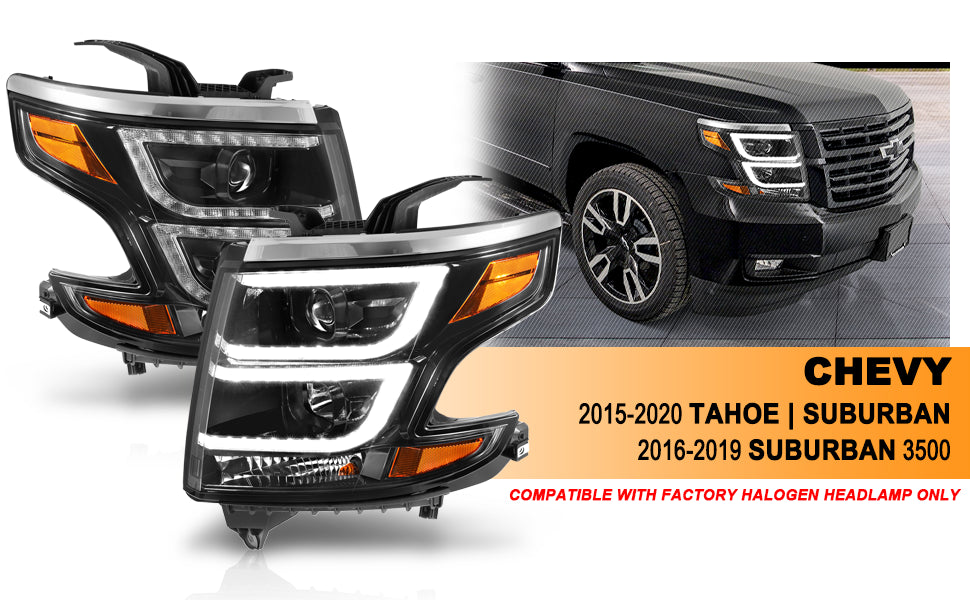 CHEVY TAHOE/SUBURBAN 15-19 PROJECTOR LIGHT BAR STYLE HEADLIGHTS BLACK AMBER (W/ DRL)