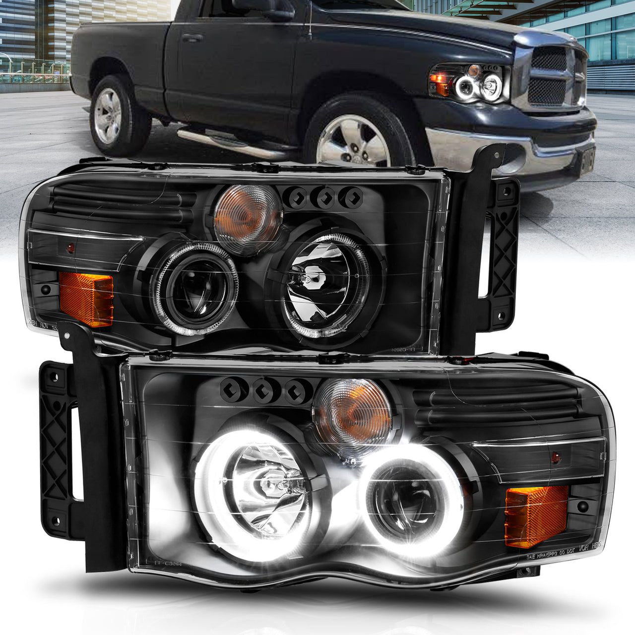 DODGE RAM 1500 02-05 - 2500/3500 03-05 PROJECTOR H.L WHITE PLUS LED HALO BLACK CLEAR AMBER