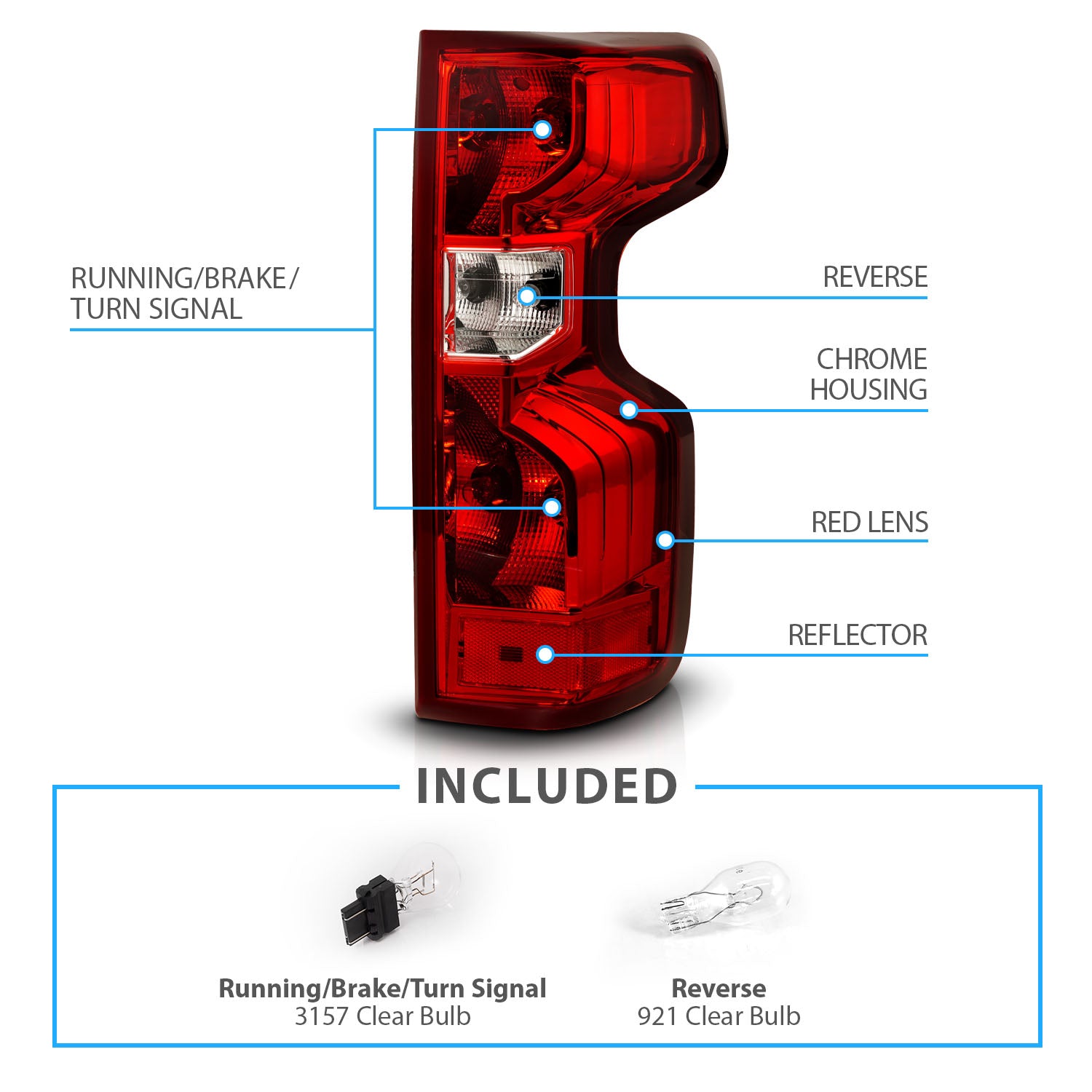 CHEVY SILVERADO 19-20 TAIL LIGHTS RED/CLEAR LENS, CHROME HOUSING (OE STYLE)